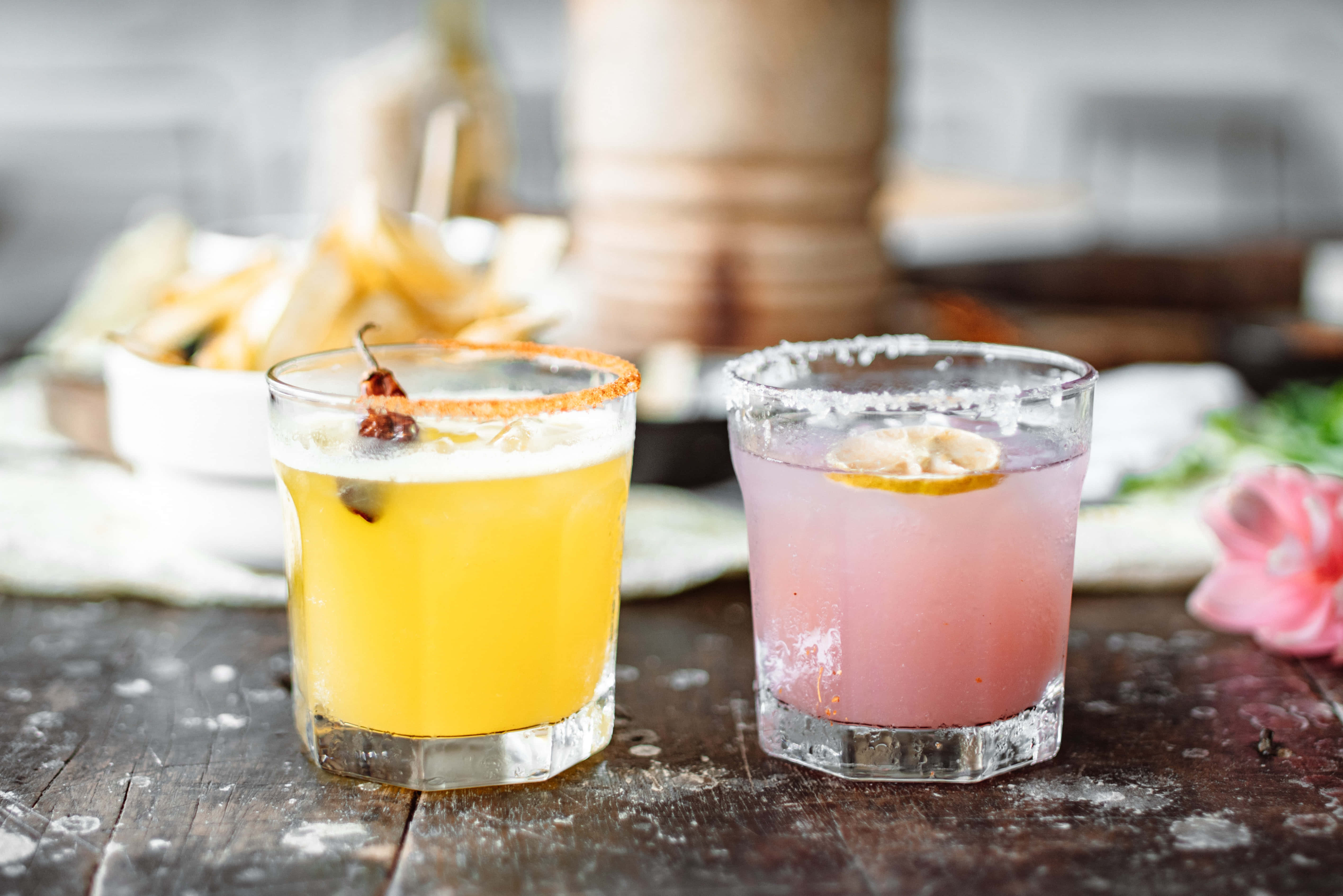 Vibrant Summer Drinks, yellow and pink cocktails, citrus and chili garnish, 5K Desktop Wallpaper