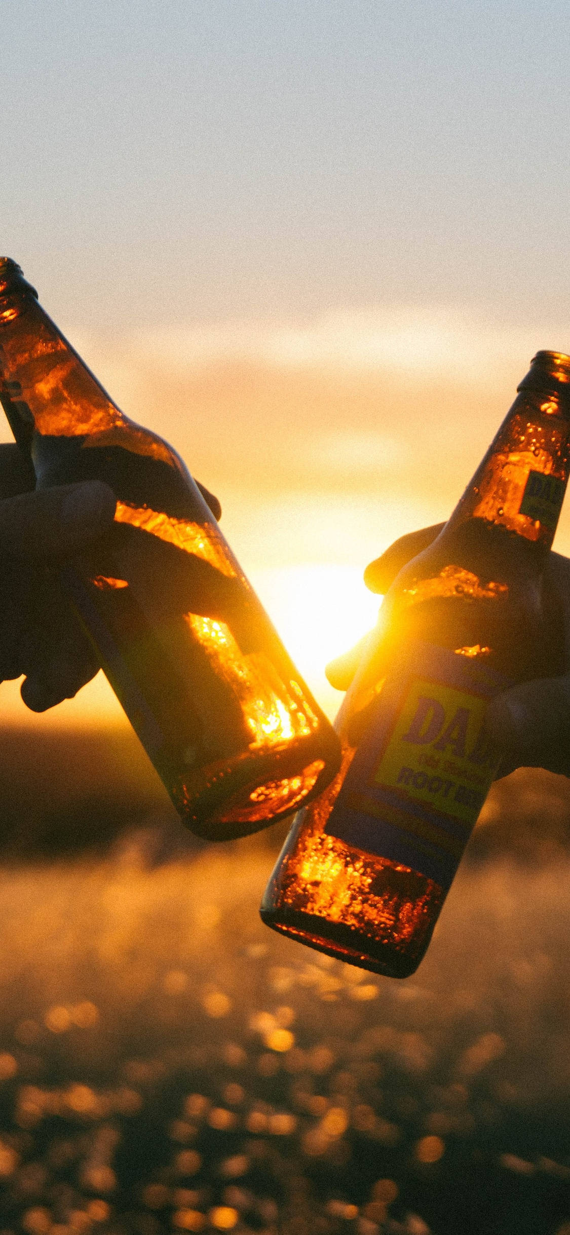 golden sunset sky, warm bokeh lights, beer bottles, Full HD Phone Wallpaper