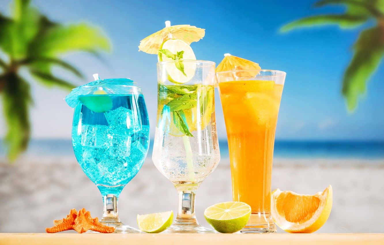 fruit cocktail drinks, beach table, palm trees, HD Desktop Wallpaper
