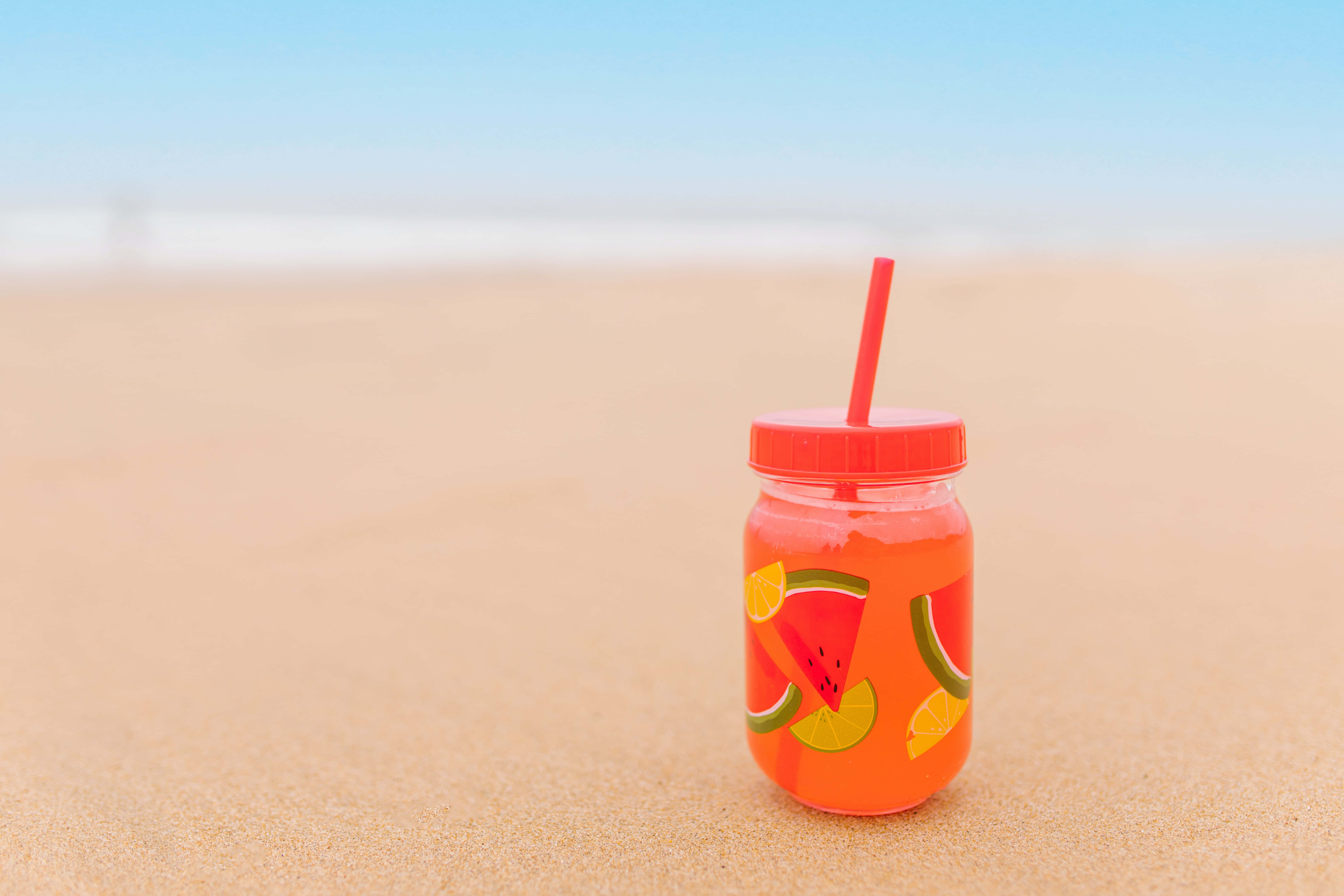 summer drinks, orange watermelon juice jar, red straw, 5K Desktop Wallpaper
