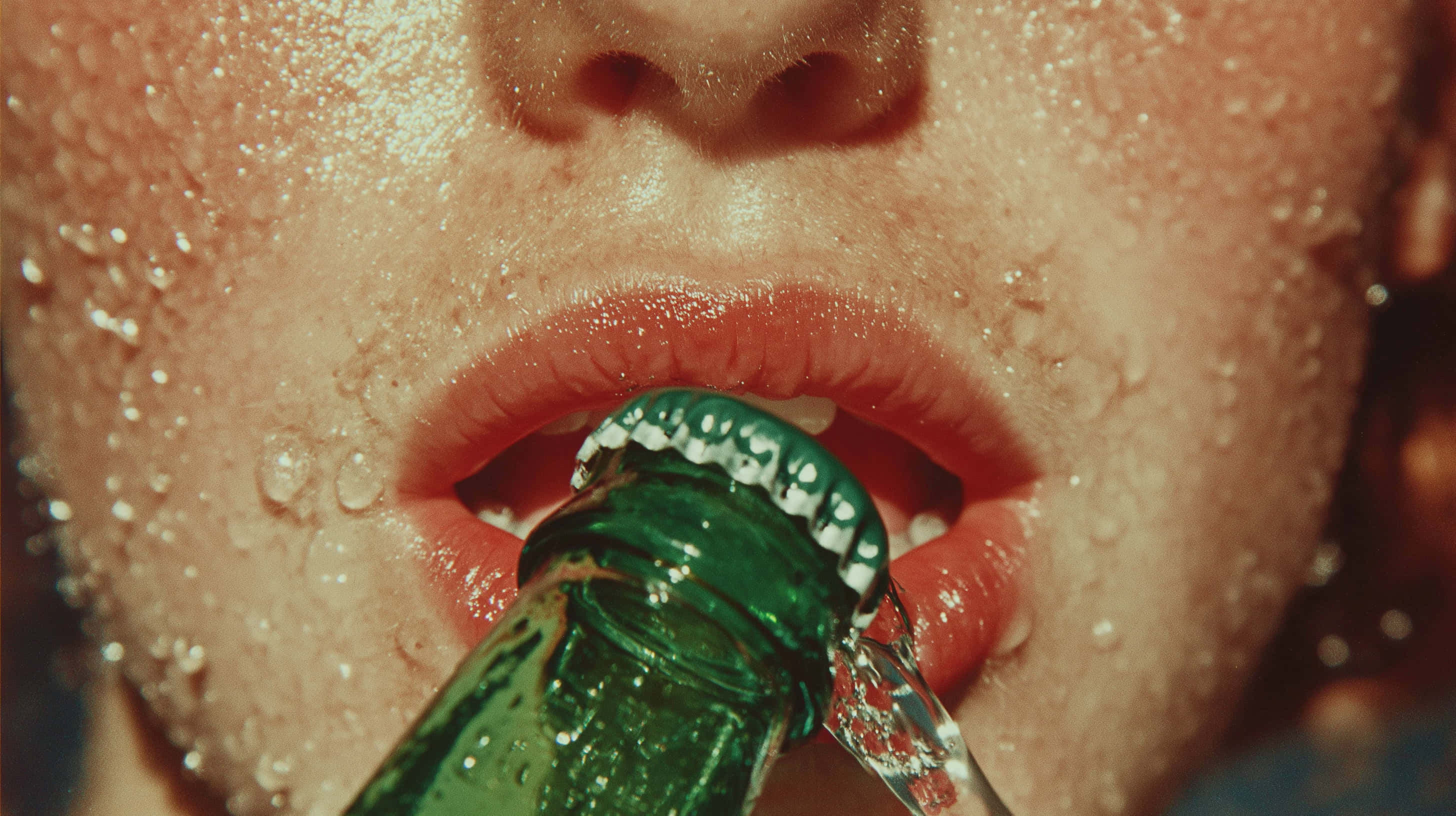 chilled green glass bottle, condensation beading, sweaty skin, 2K Desktop Wallpaper