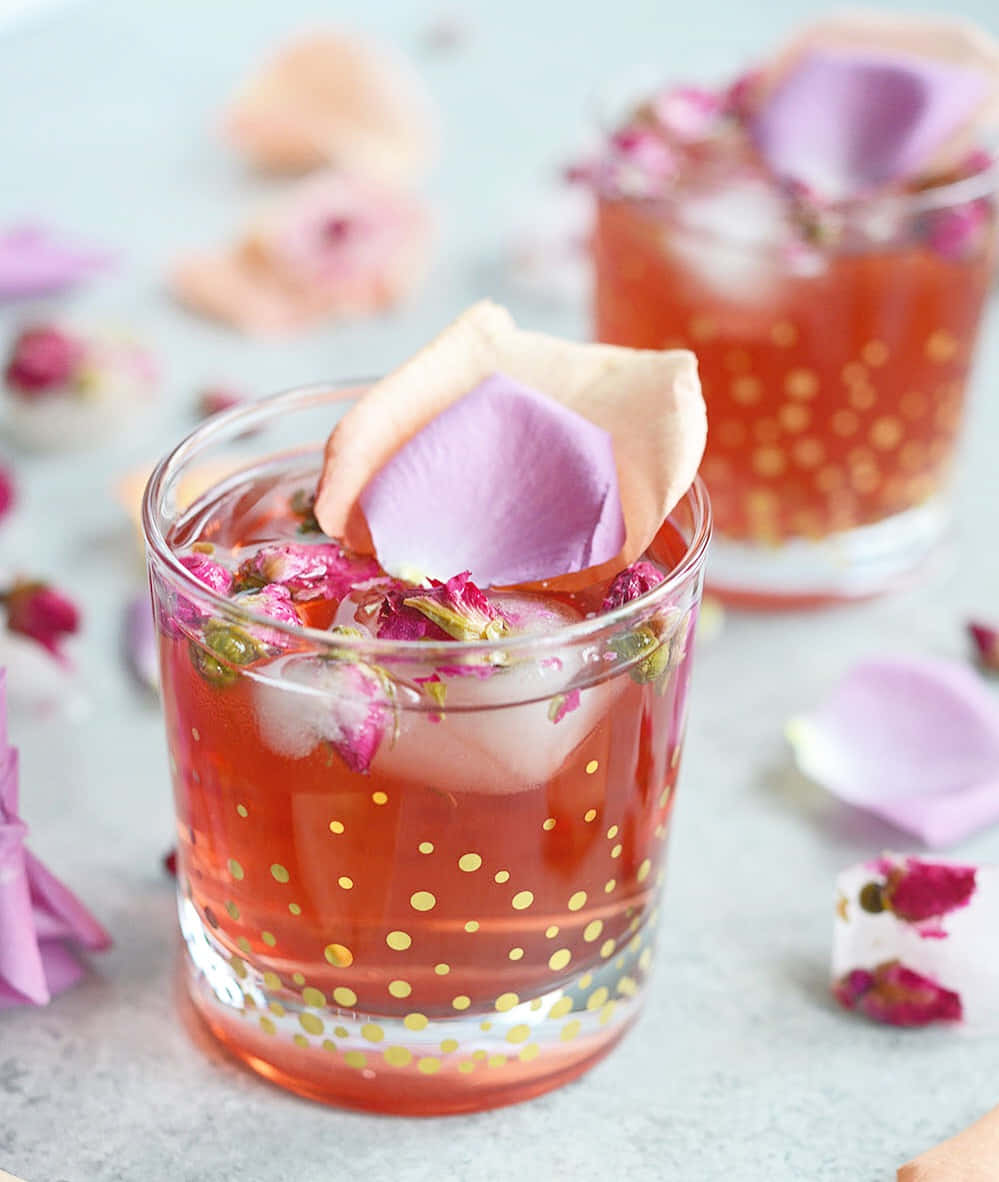 vibrant pink cocktail, gold-dotted glass, delicate rose petals, SD Phone Wallpaper