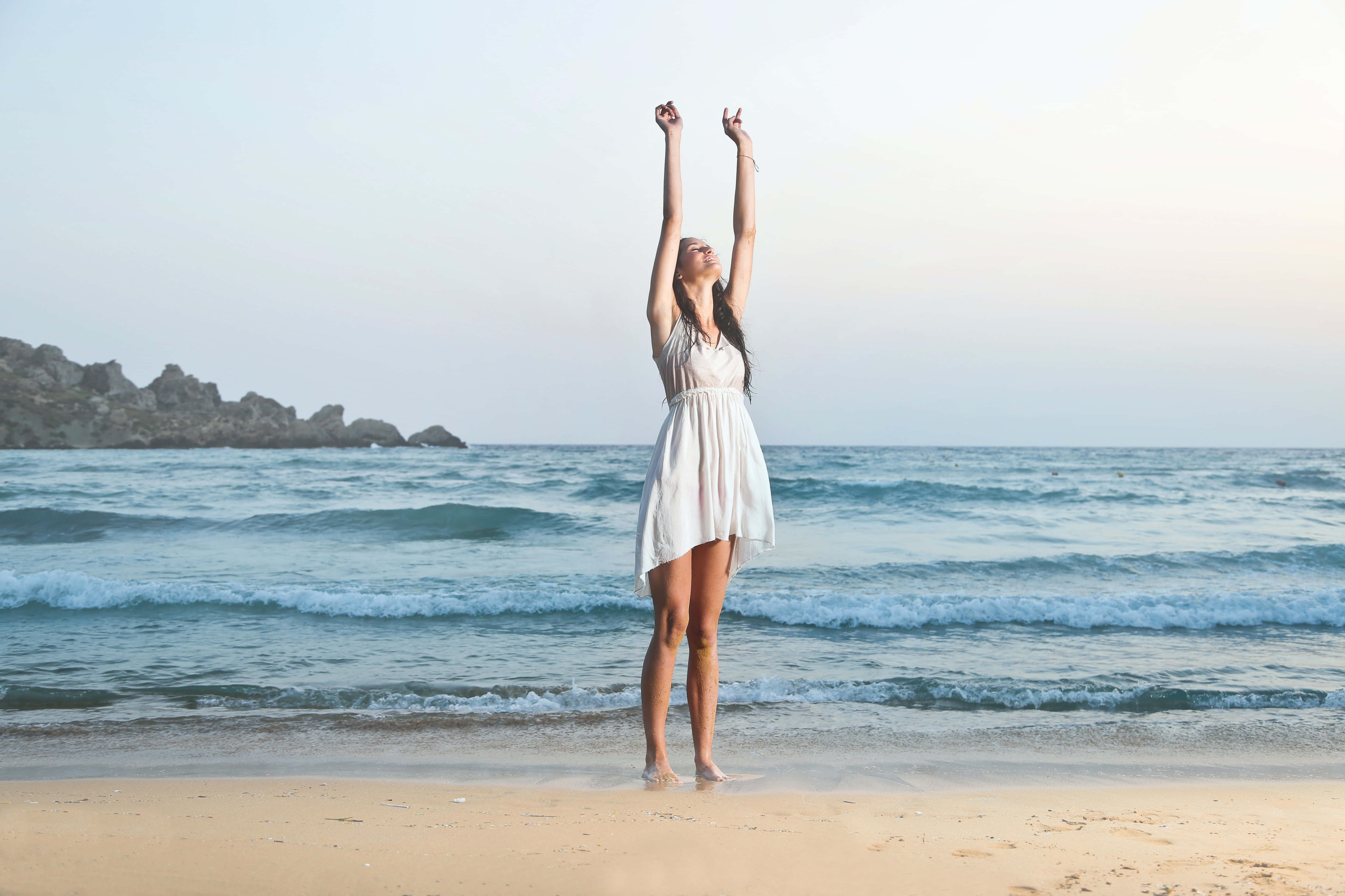 white dress, sandy beach, ocean waves, 5K Desktop Wallpaper