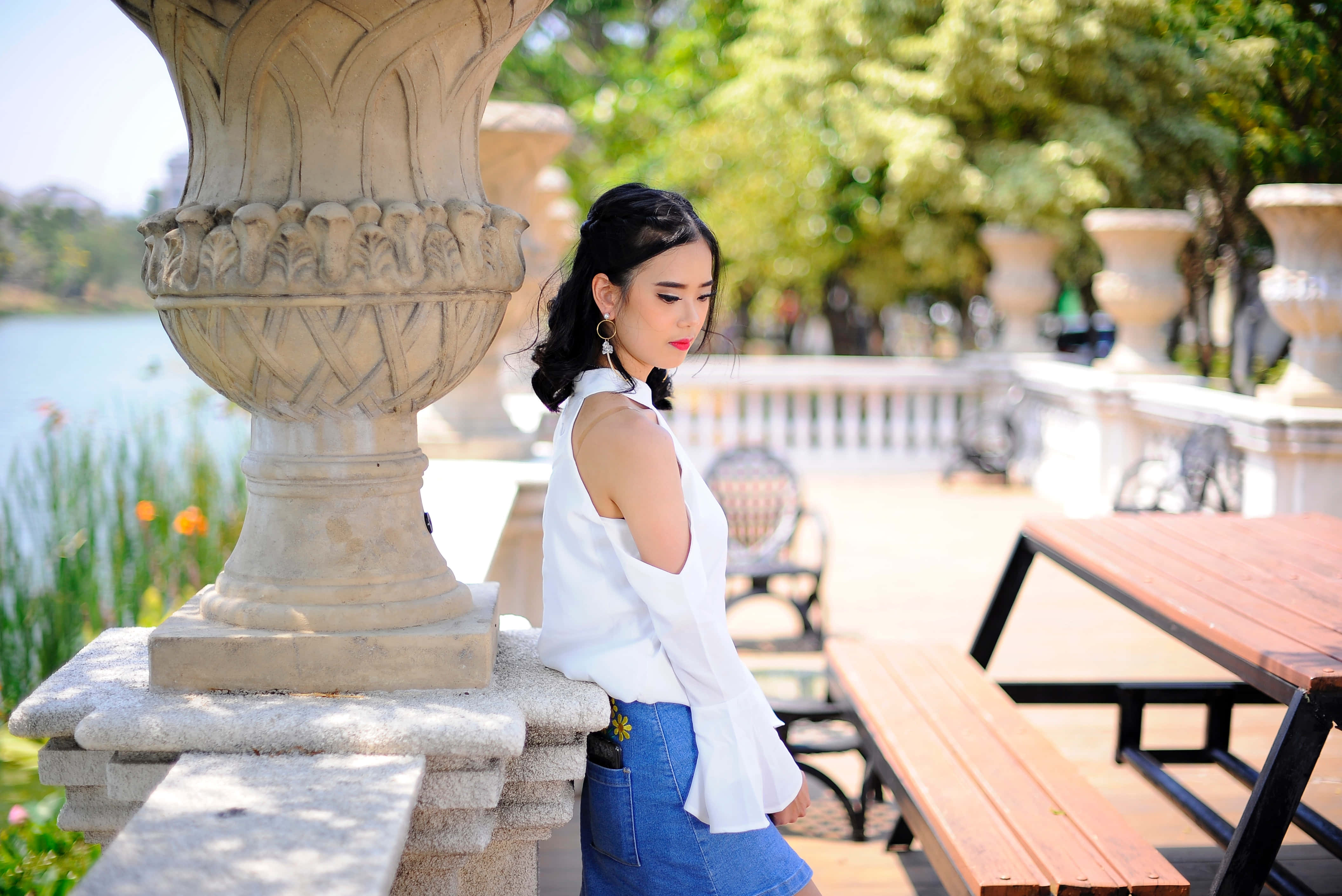 white blouse, denim skirt, stone pillar, 4K Desktop Wallpaper