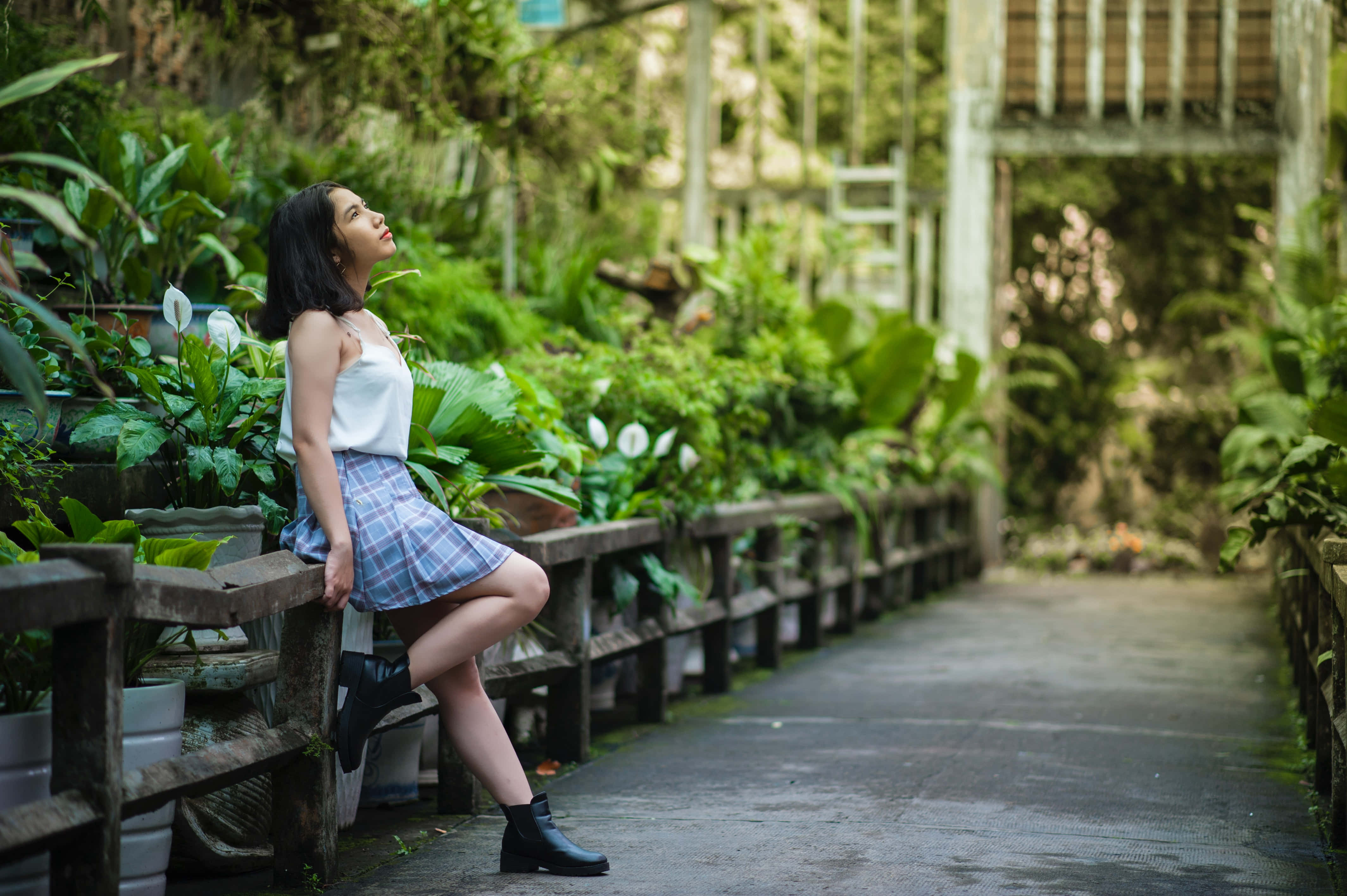 plaid skirt, wooden fence, lush green garden pathway, 4K Desktop Wallpaper