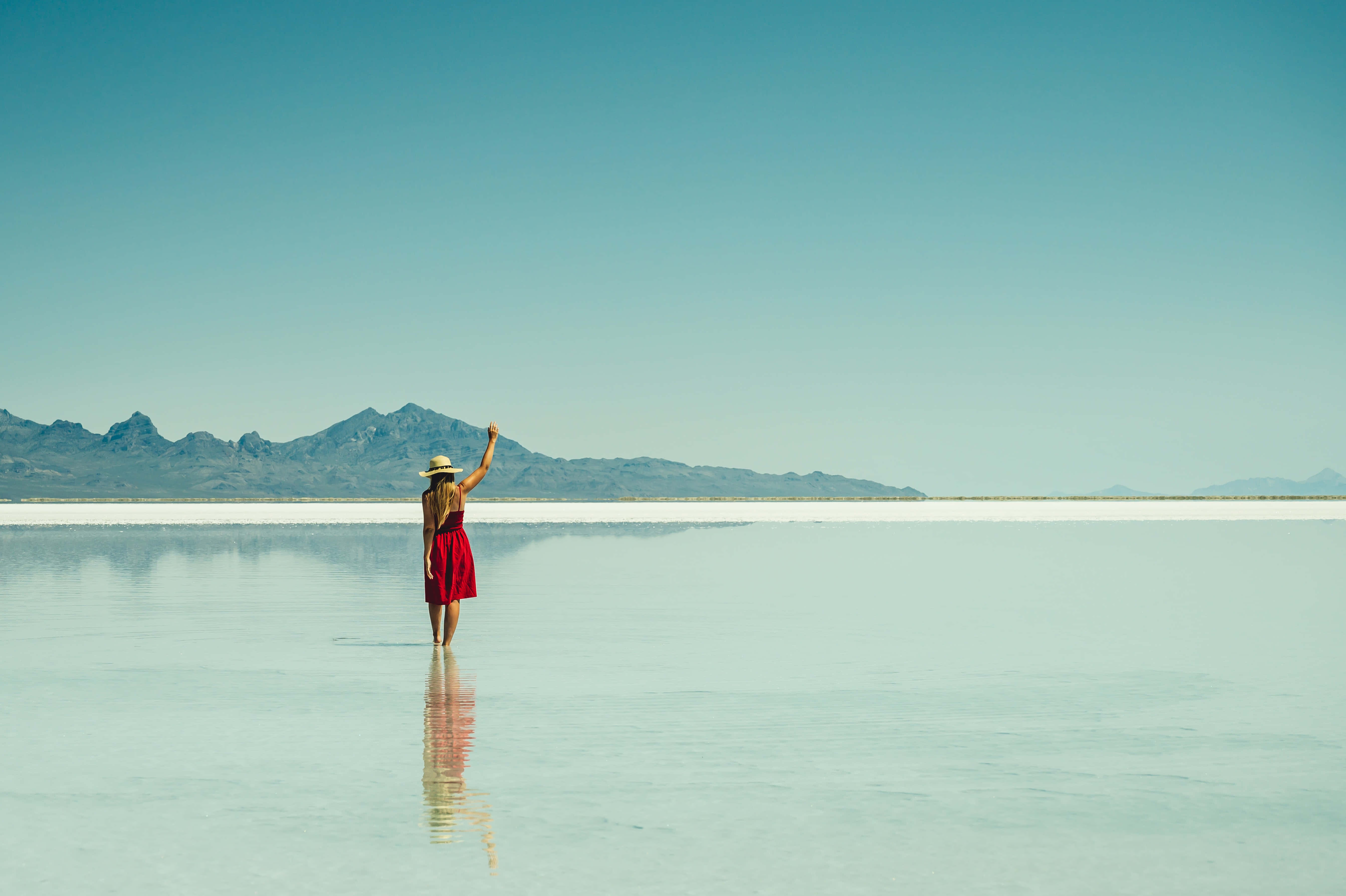 red dress, salt flat, mountains, 5K Desktop Wallpaper