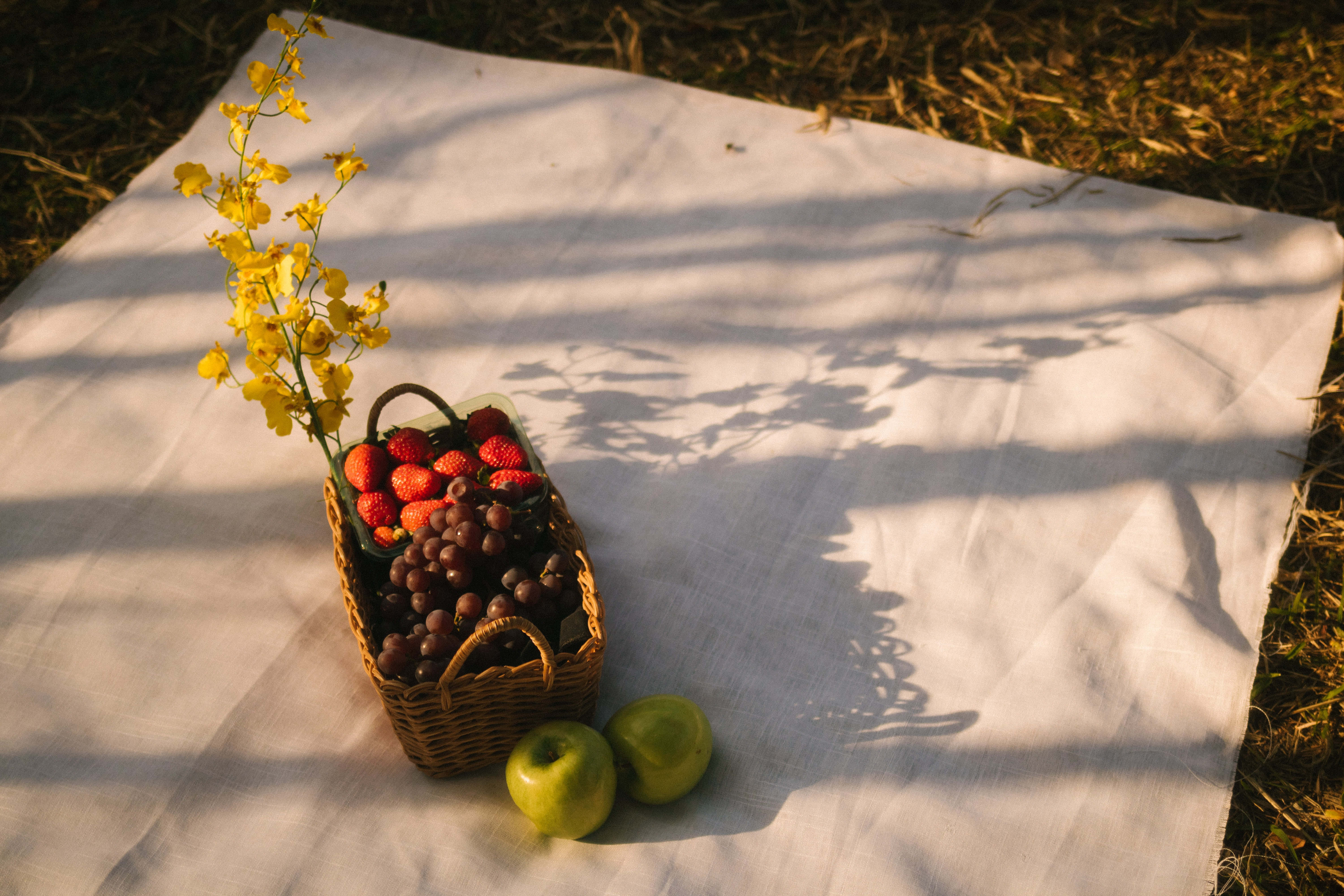 summer fruits, wicker basket, strawberries, 5K Desktop Wallpaper