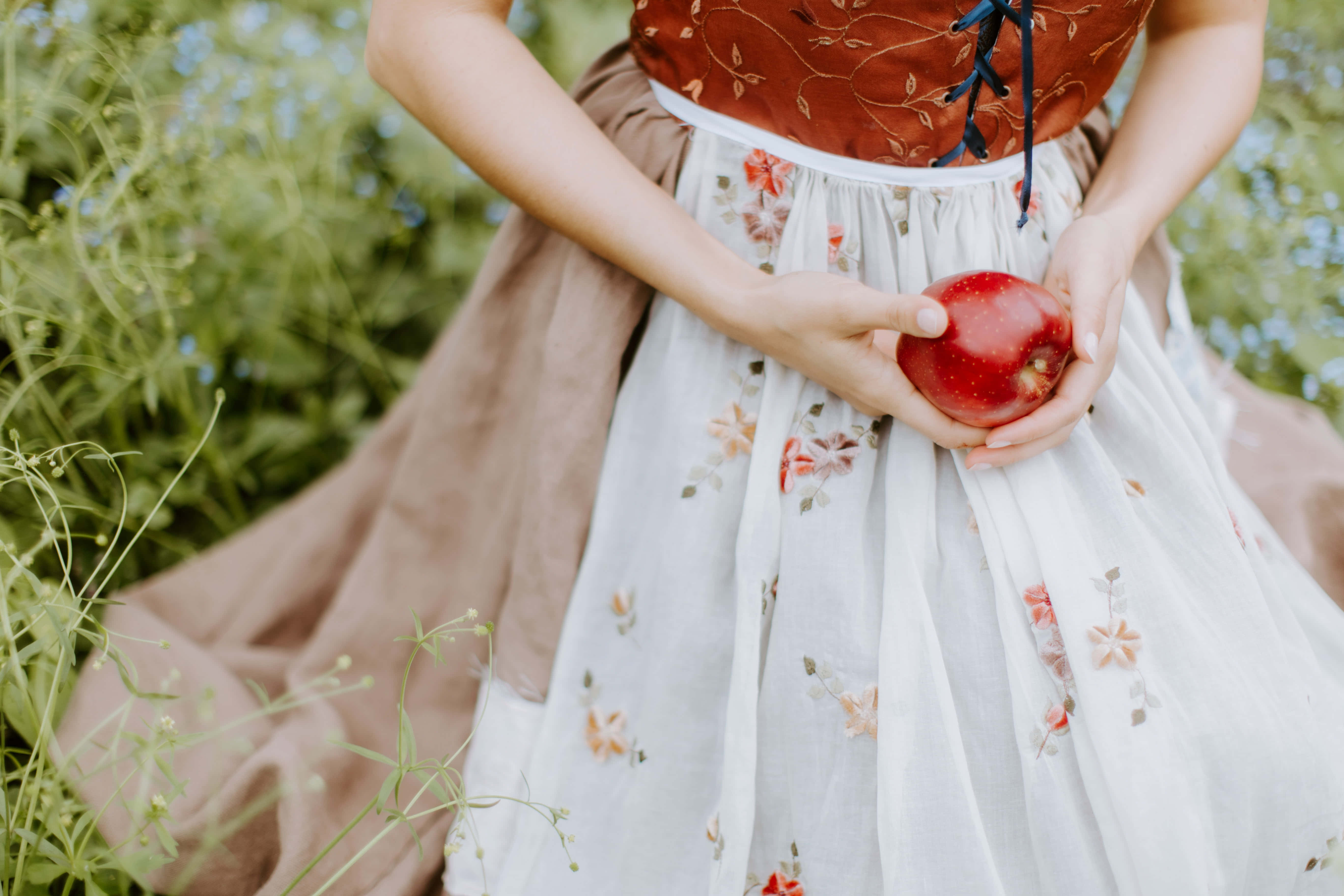 summer fruits, floral dress, shiny red apple, 5K Desktop Wallpaper