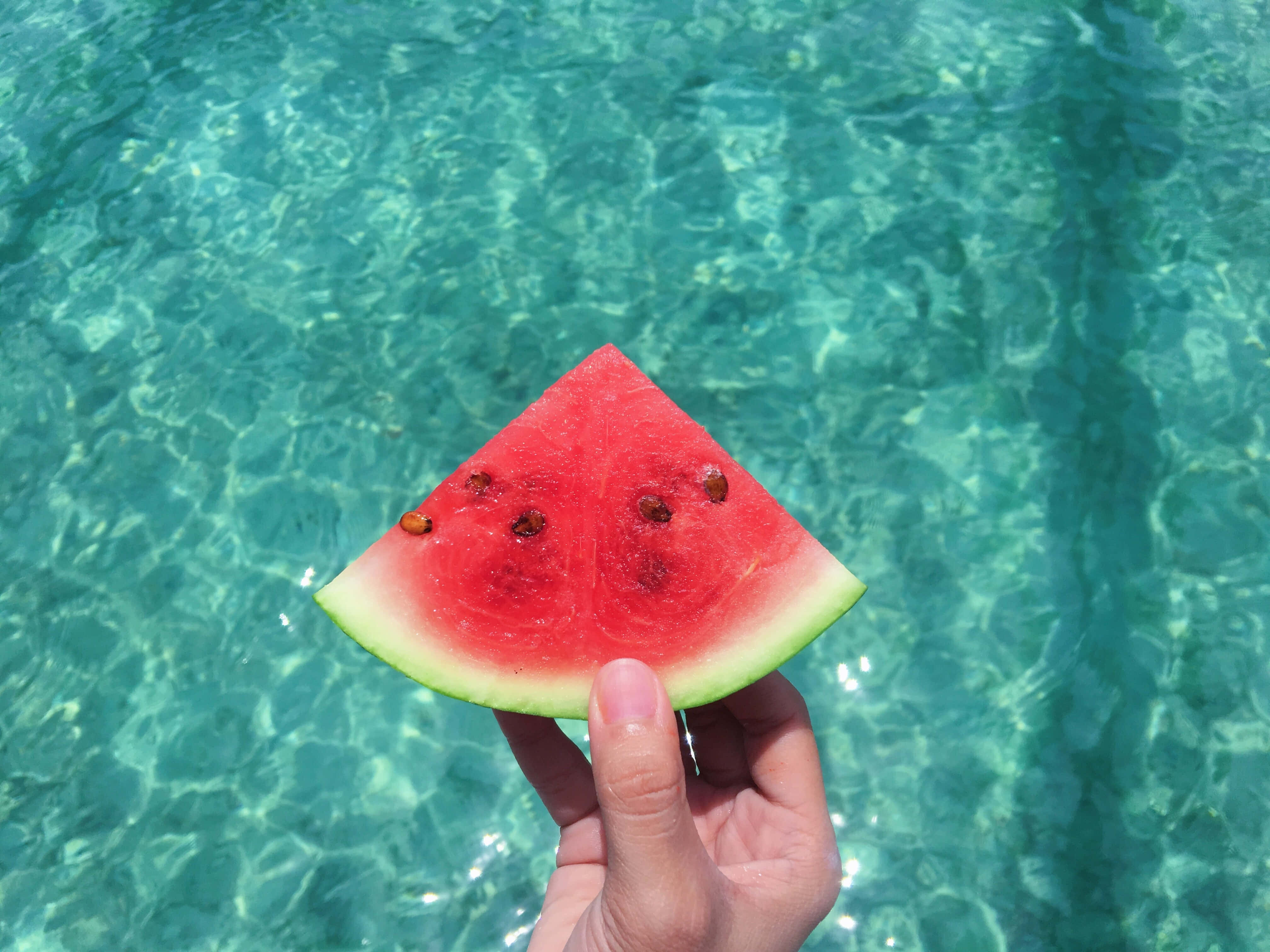 watermelon slice, turquoise pool water, sunlight, 4K Desktop Wallpaper