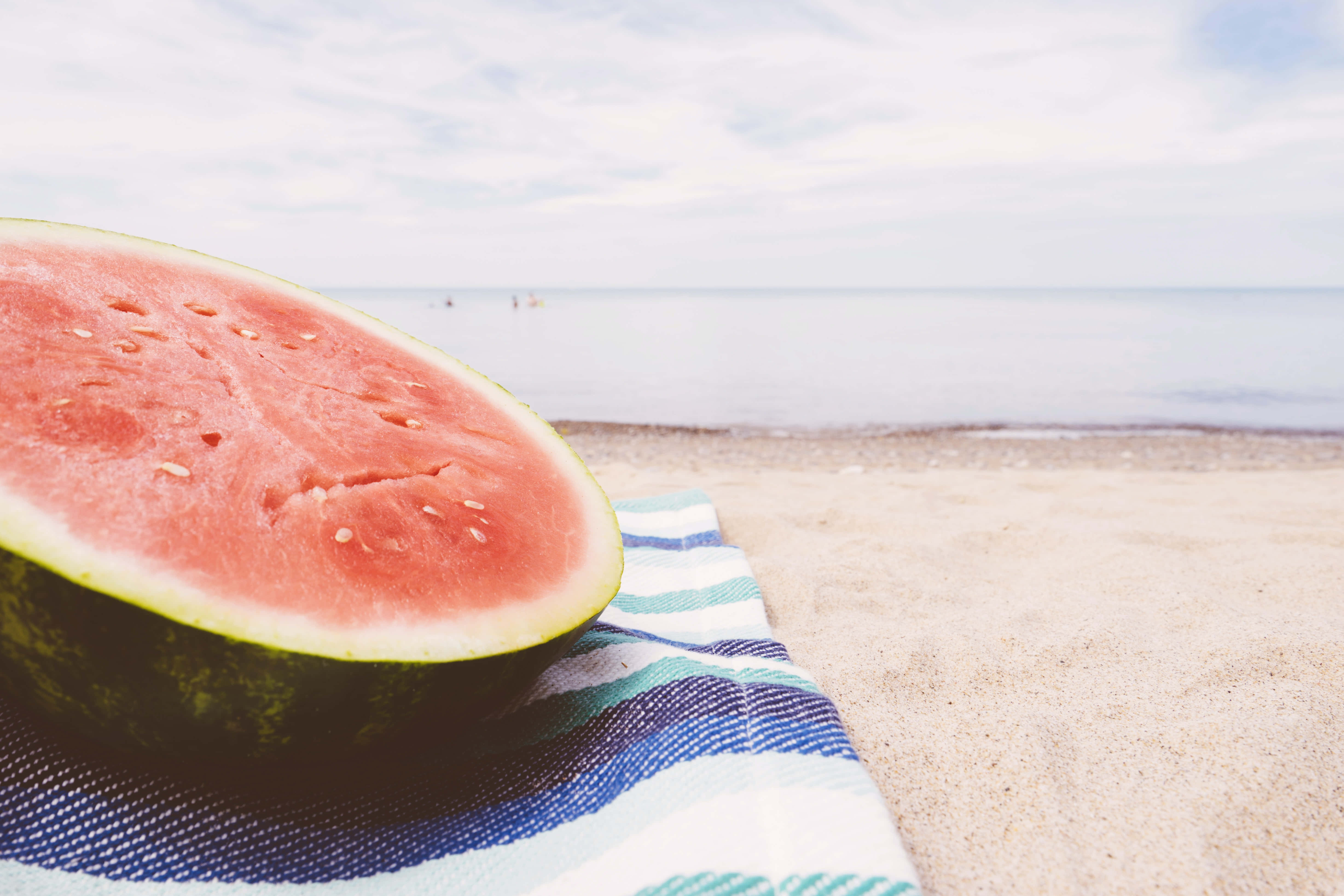 summer fruits, watermelon half, striped towel, 5K Desktop Wallpaper