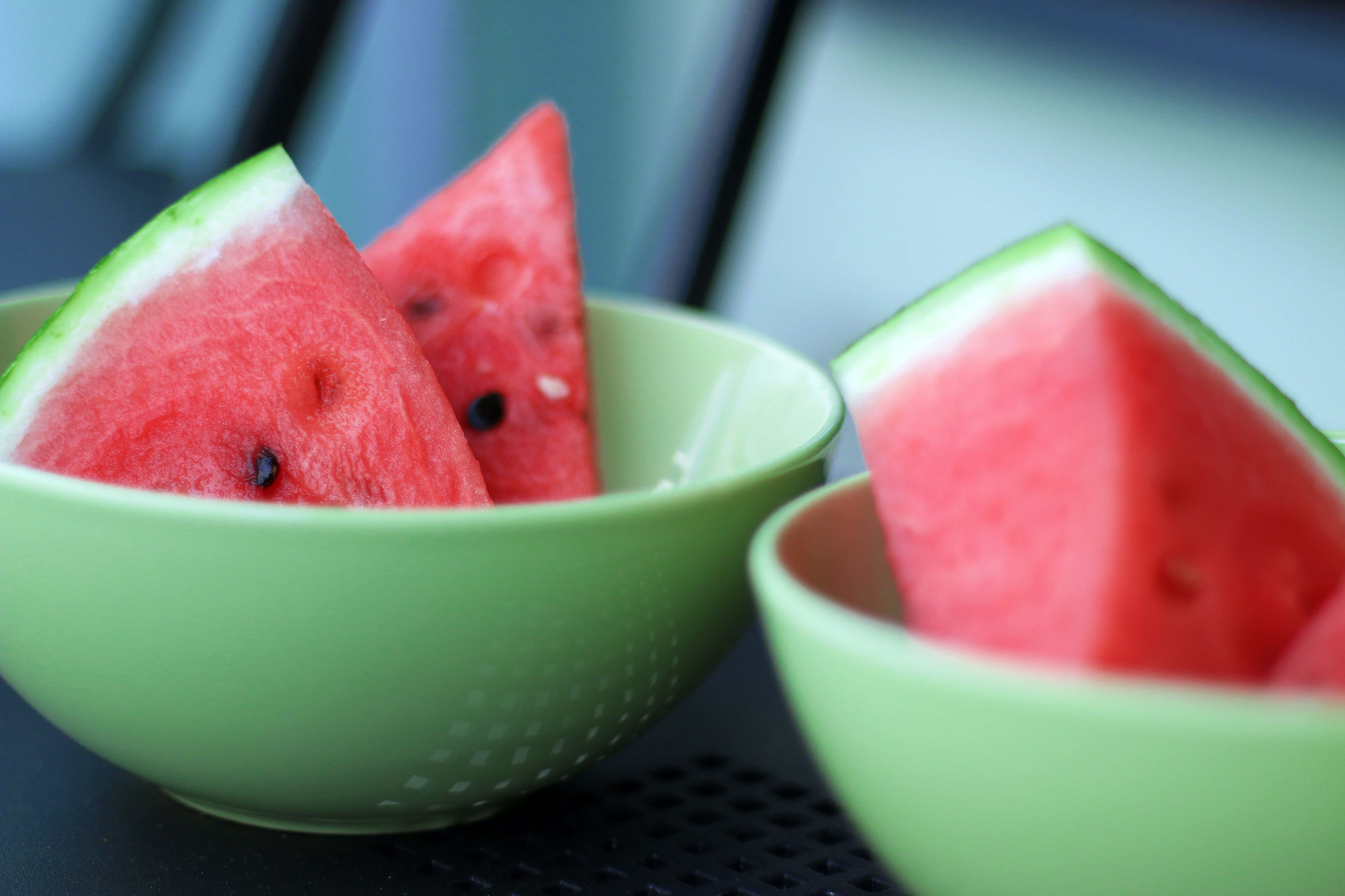 summer fruits, green bowls, juicy red watermelon slices, 5K Desktop Wallpaper