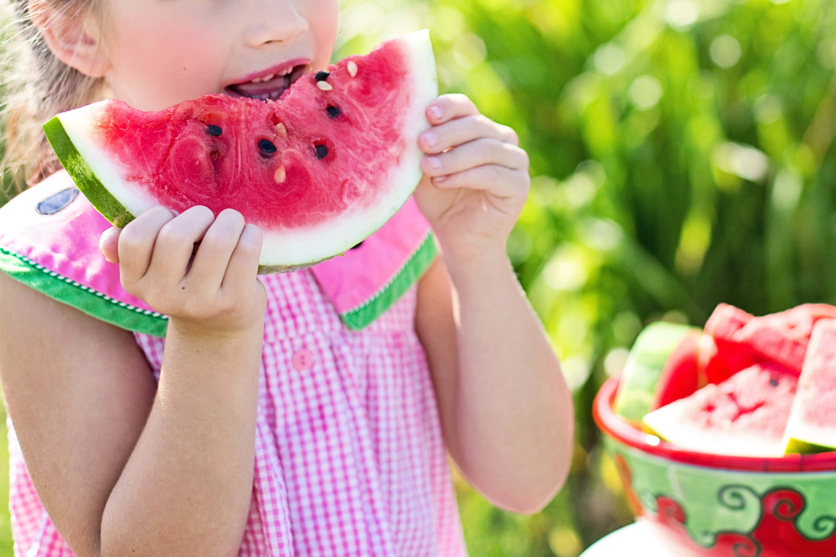 Summer Fruits, pink checkered dress, juicy slice of watermelon, 2K Desktop Wallpaper