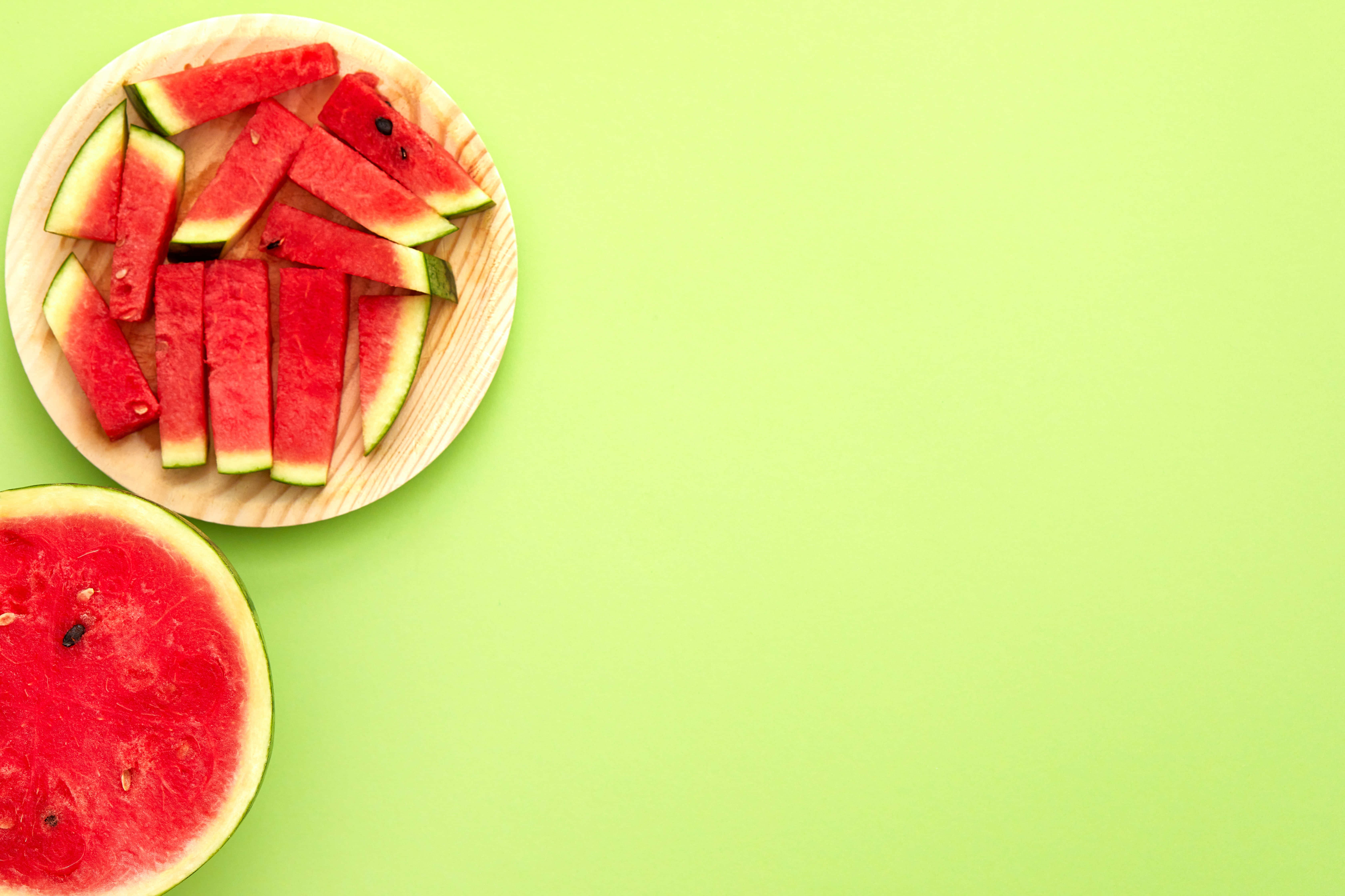 summer fruits, watermelon slices, wooden plate, 5K Desktop Wallpaper