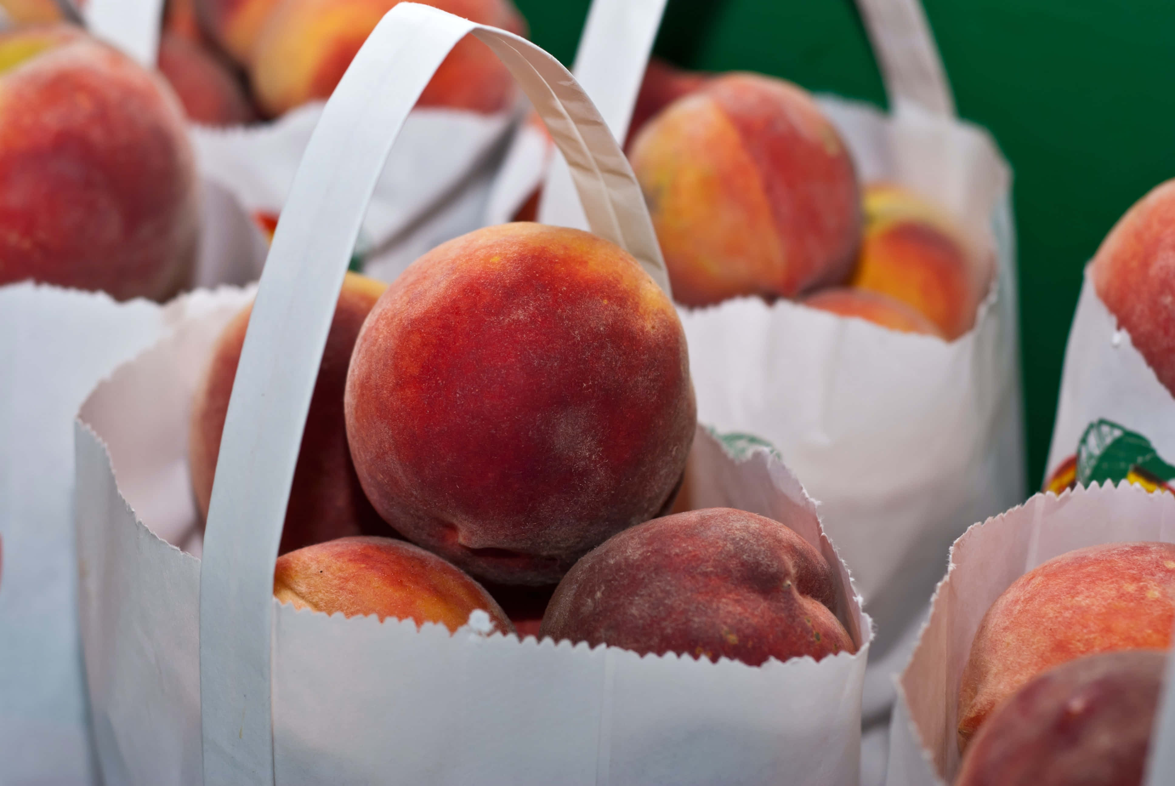 summer fruits, peaches, white paper bags with handles, 4K Desktop Wallpaper