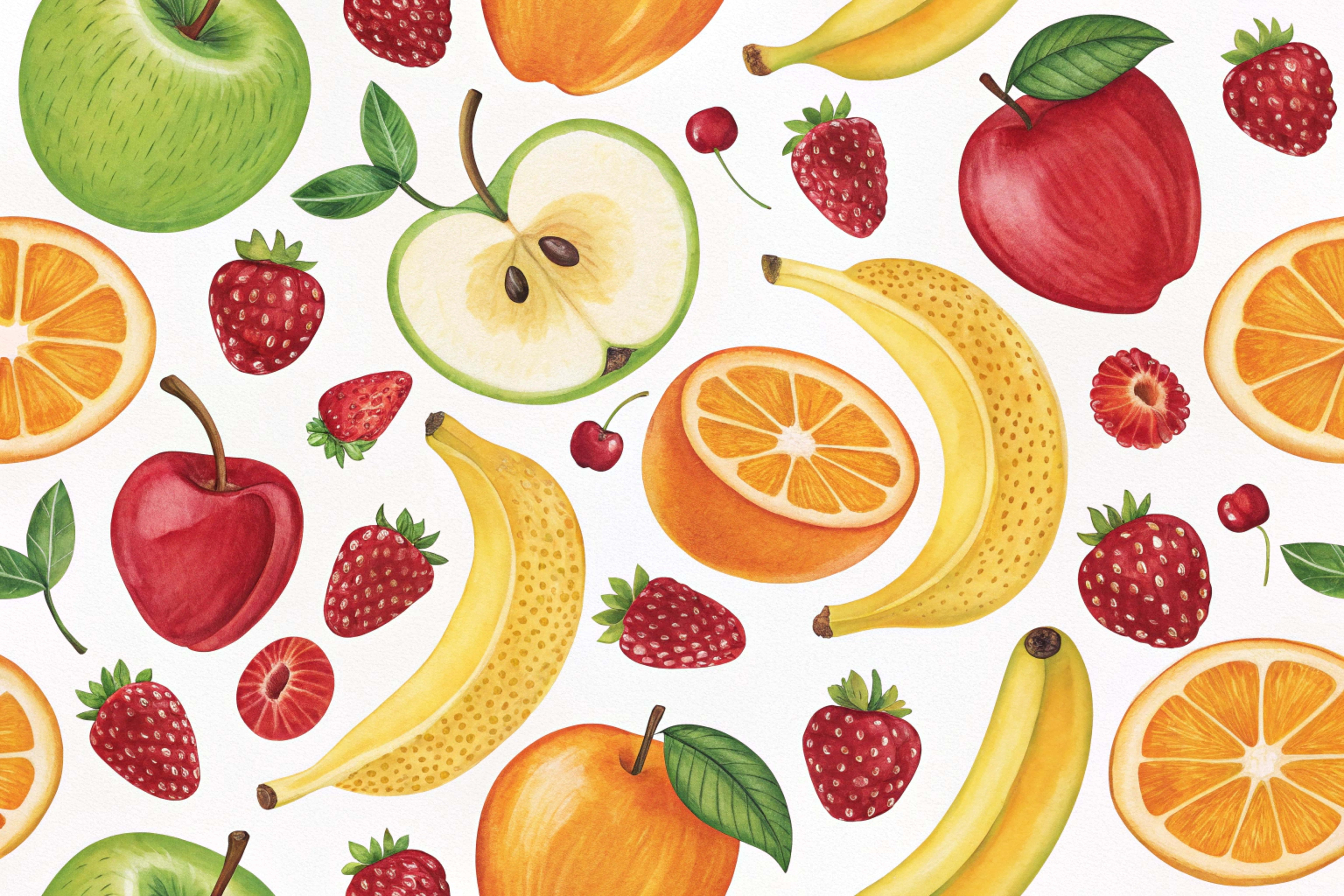 fruit pattern, watercolor pattern, apples, 8K Desktop Wallpaper
