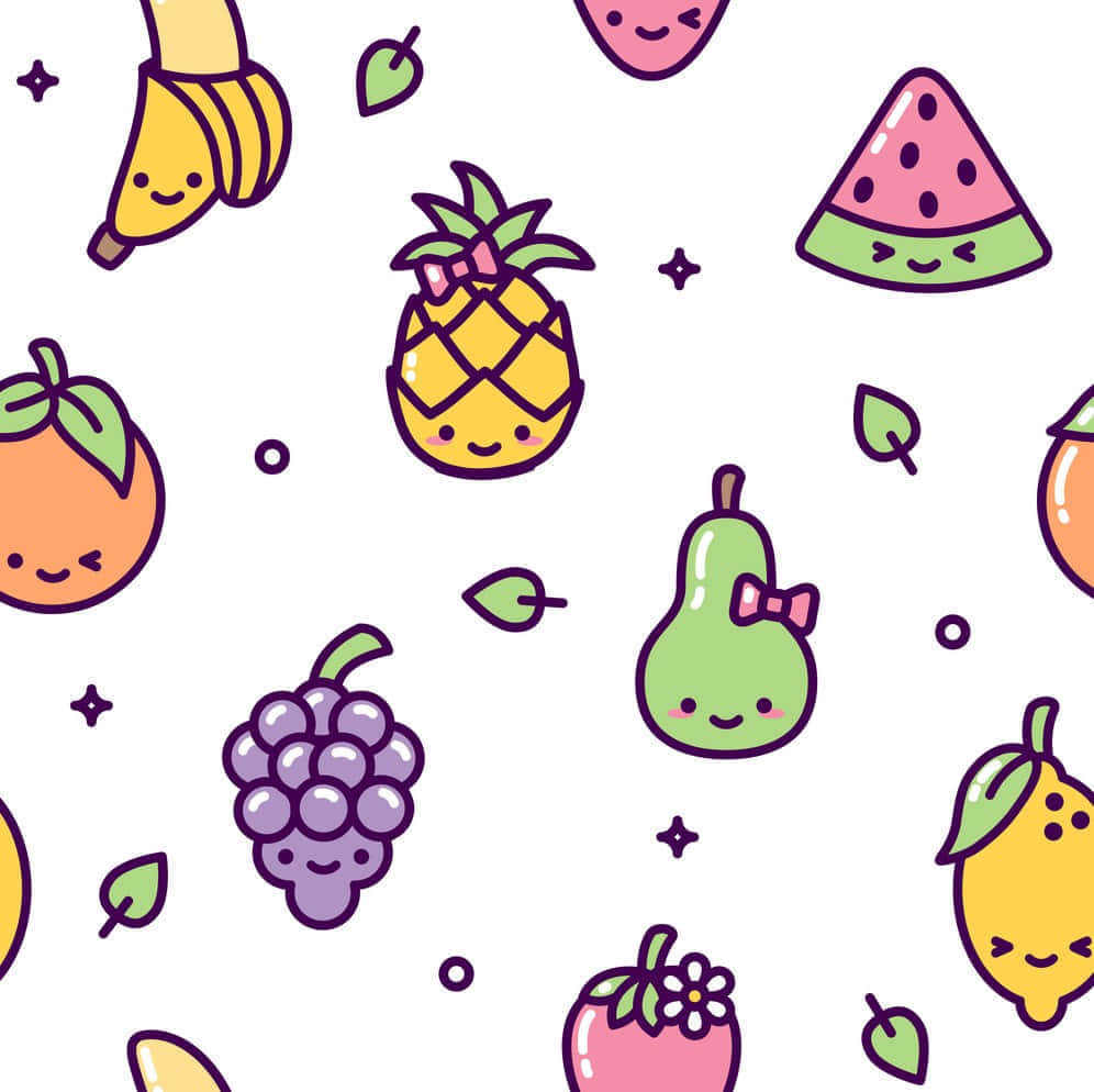 kawaii cartoon fruits, smiling faces, pink bows, SD Desktop Wallpaper