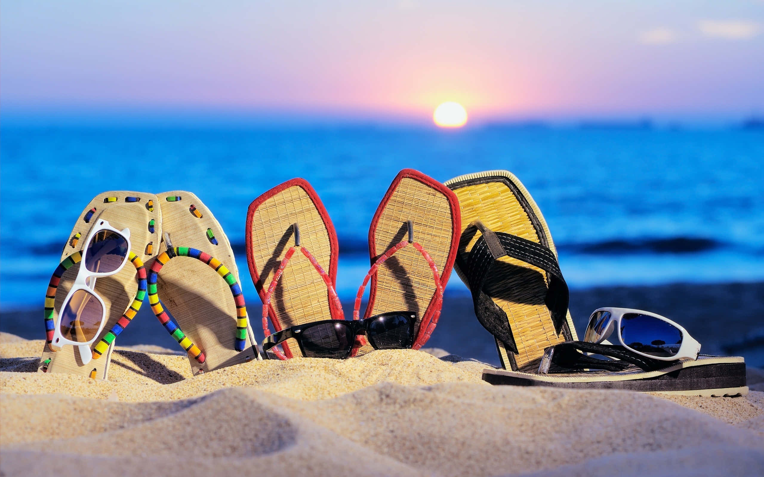 Summer Fun Flip Flops, sunglasses, warm sand, 2K Desktop Wallpaper