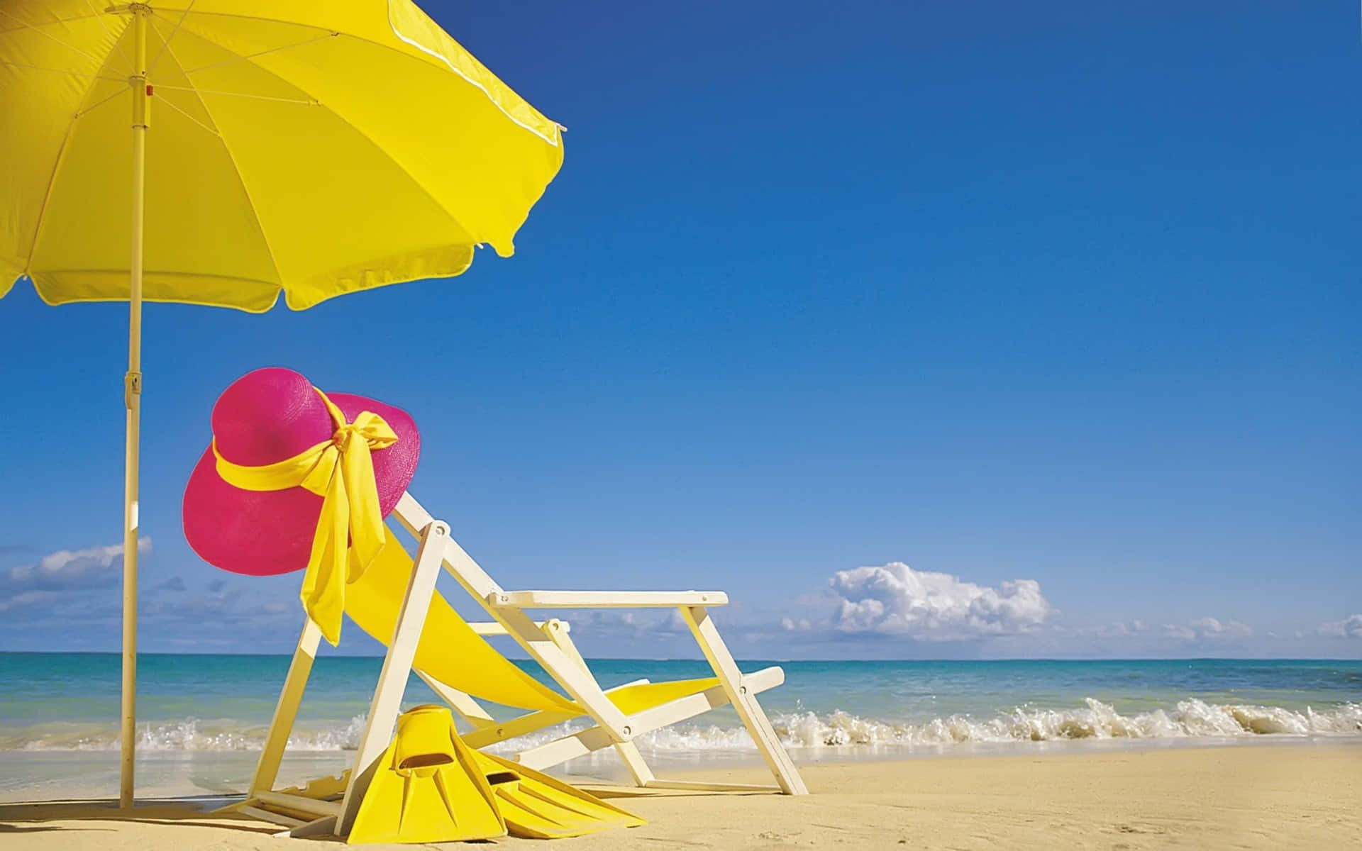 Summer Fun, yellow beach umbrella, lounge chair, Full HD Desktop Wallpaper