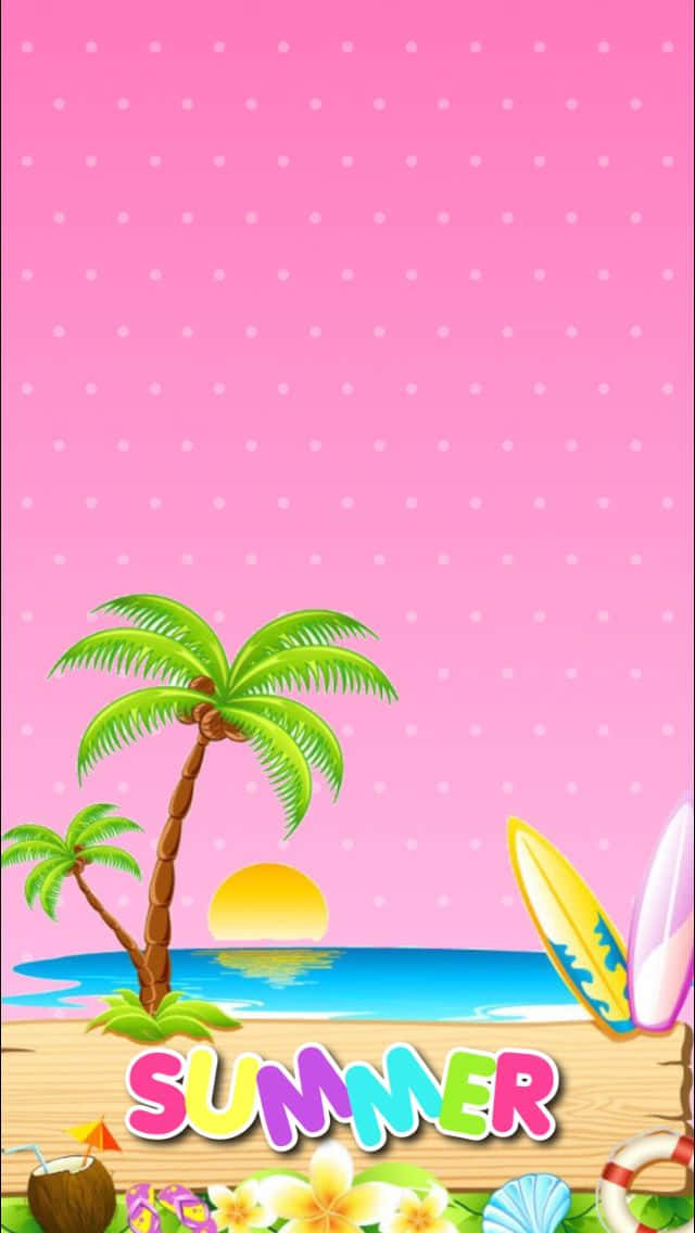 pink dotted sky, cartoon beach scene, palm trees, SD Phone Wallpaper