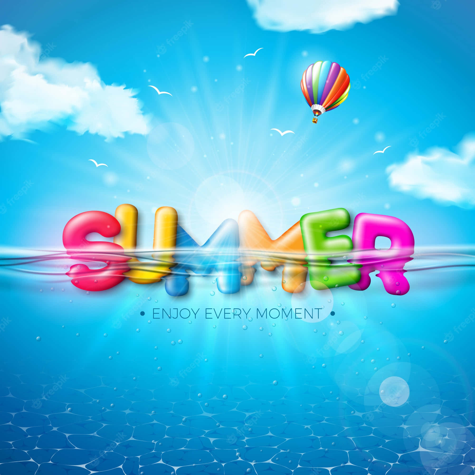 Summer Fun Ocean Sky, rainbow hot air balloon, sunlit blue sky, Full HD Desktop Wallpaper