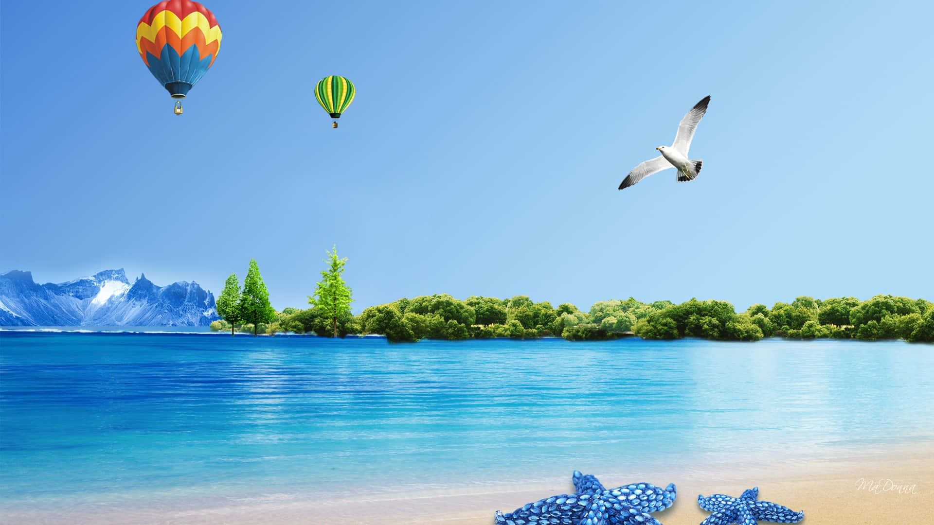 Summer Fun, hot air balloons, turquoise sea, Full HD Desktop Wallpaper