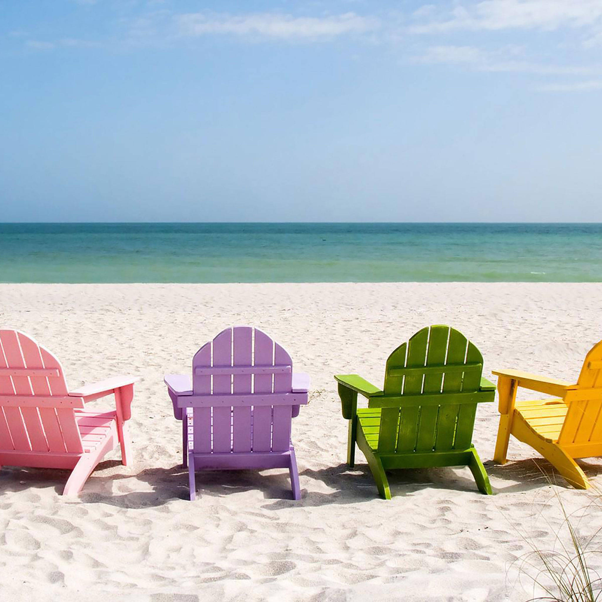 Adirondack chairs, turquoise ocean, white sandy beach, Full HD Desktop Wallpaper