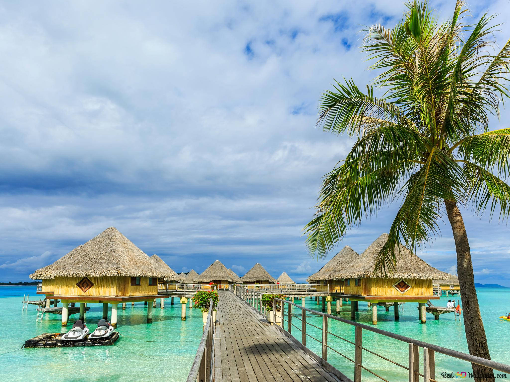 Summer iPad, wooden pier, overwater bungalows, Full HD Desktop Wallpaper