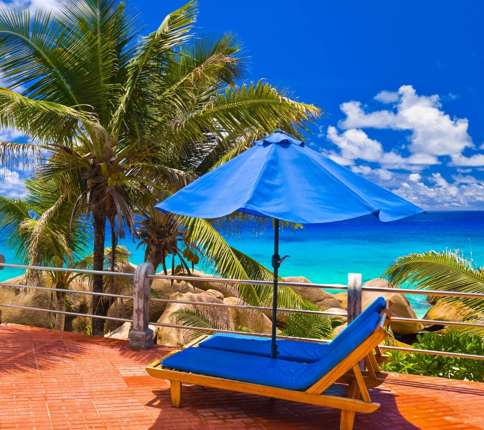summer iPad, bright blue umbrella, terracotta patio, Full HD Desktop Wallpaper