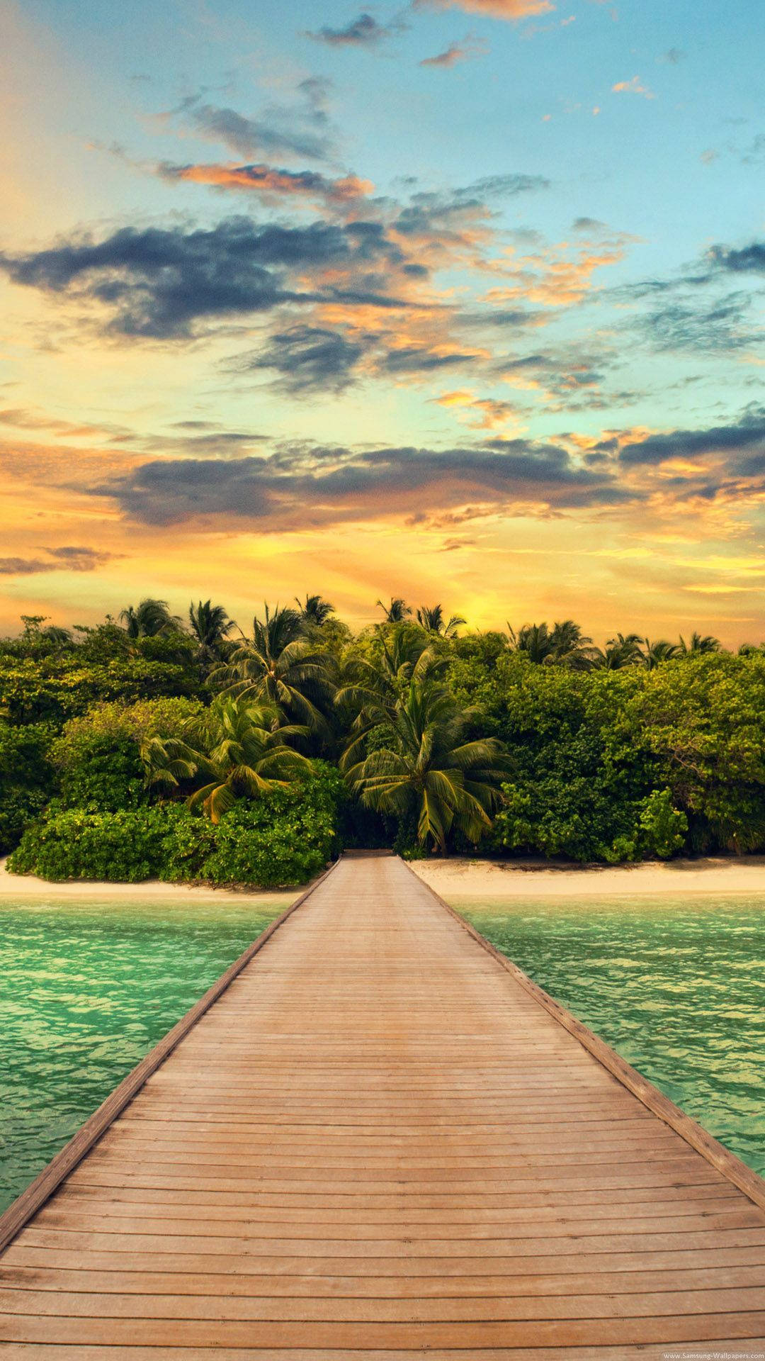 beach pier, tropical island, sunset, Full HD Phone Wallpaper