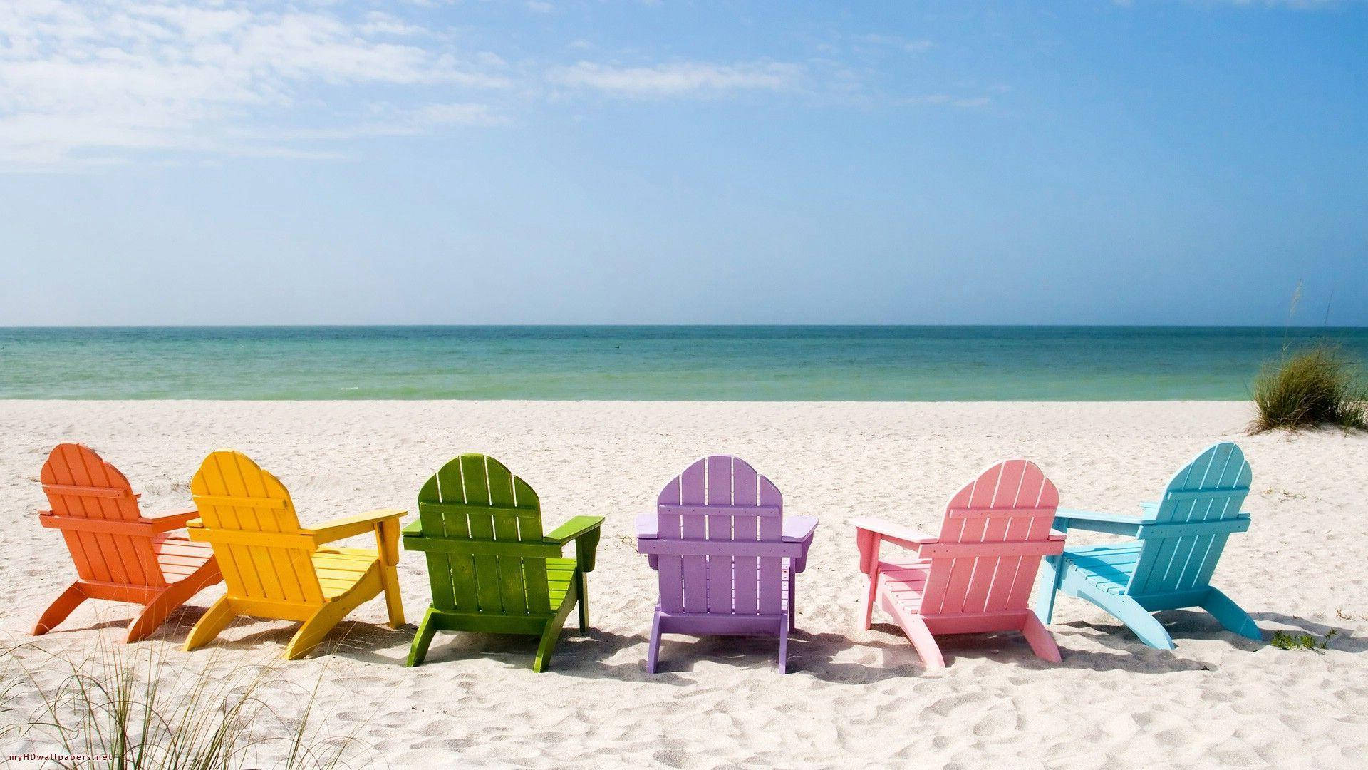 Summer iPhone, rainbow-colored Adirondack chairs, bright white sandy beach, Full HD Desktop Wallpaper