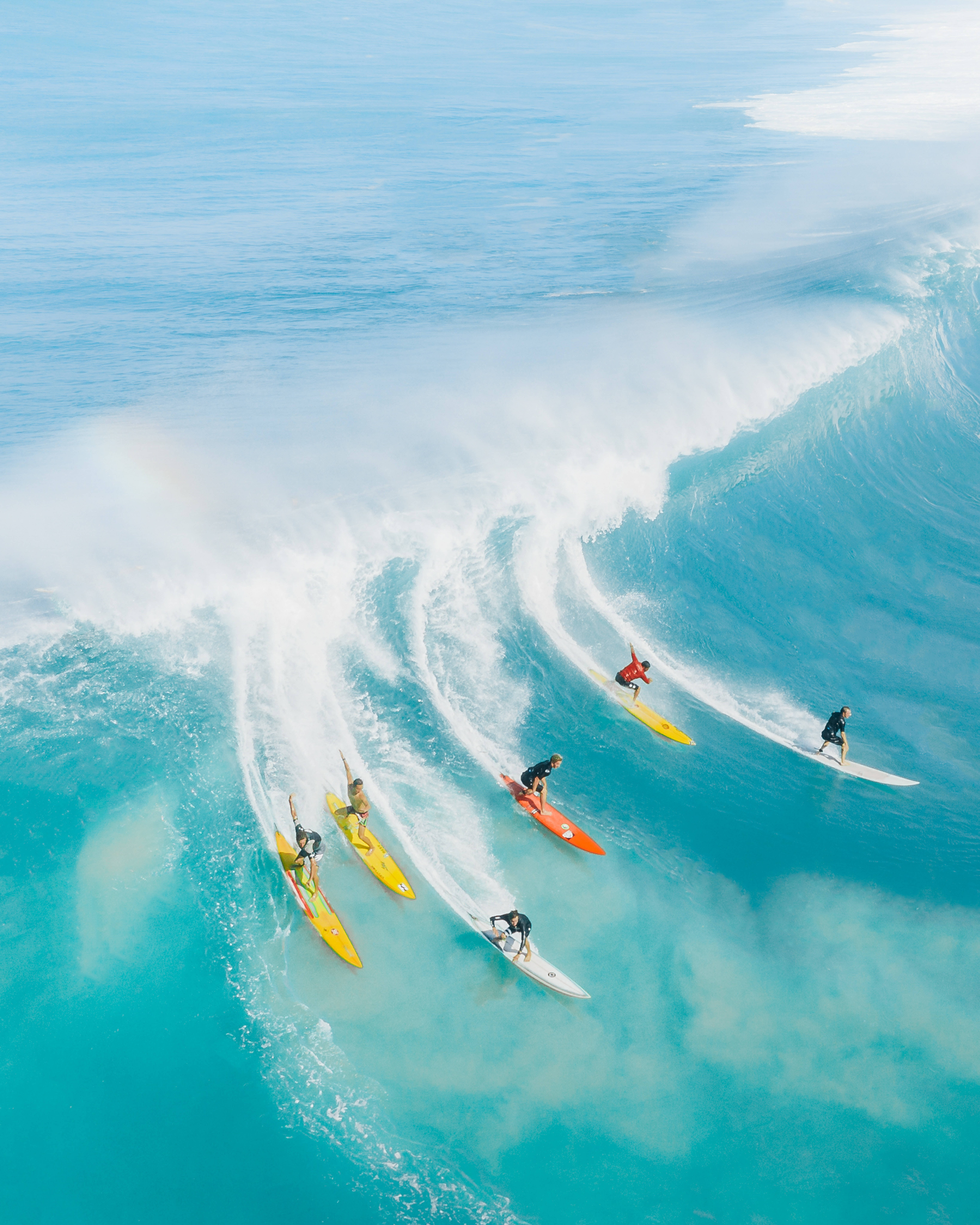 surfing, massive turquoise wave, five surfers, 8K Phone Wallpaper