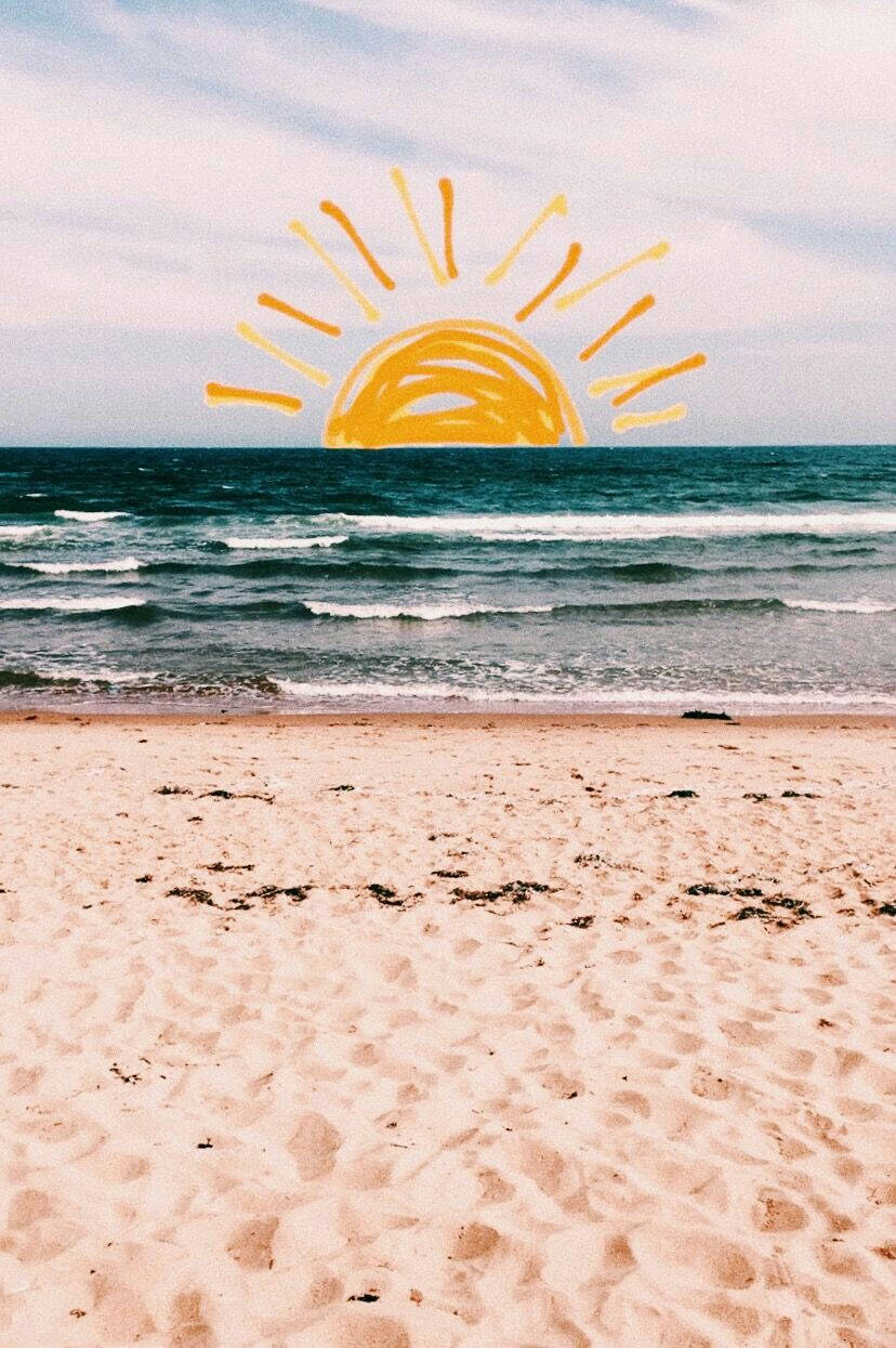 beach, turquoise waves, hand-drawn yellow sun, SD Phone Wallpaper