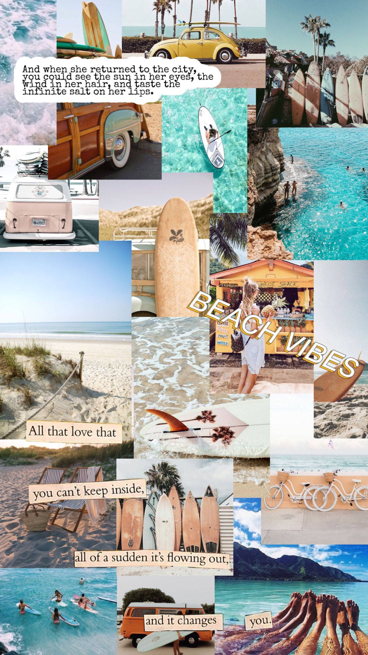 beach collage, surfboards, vintage cars, Full HD Phone Wallpaper