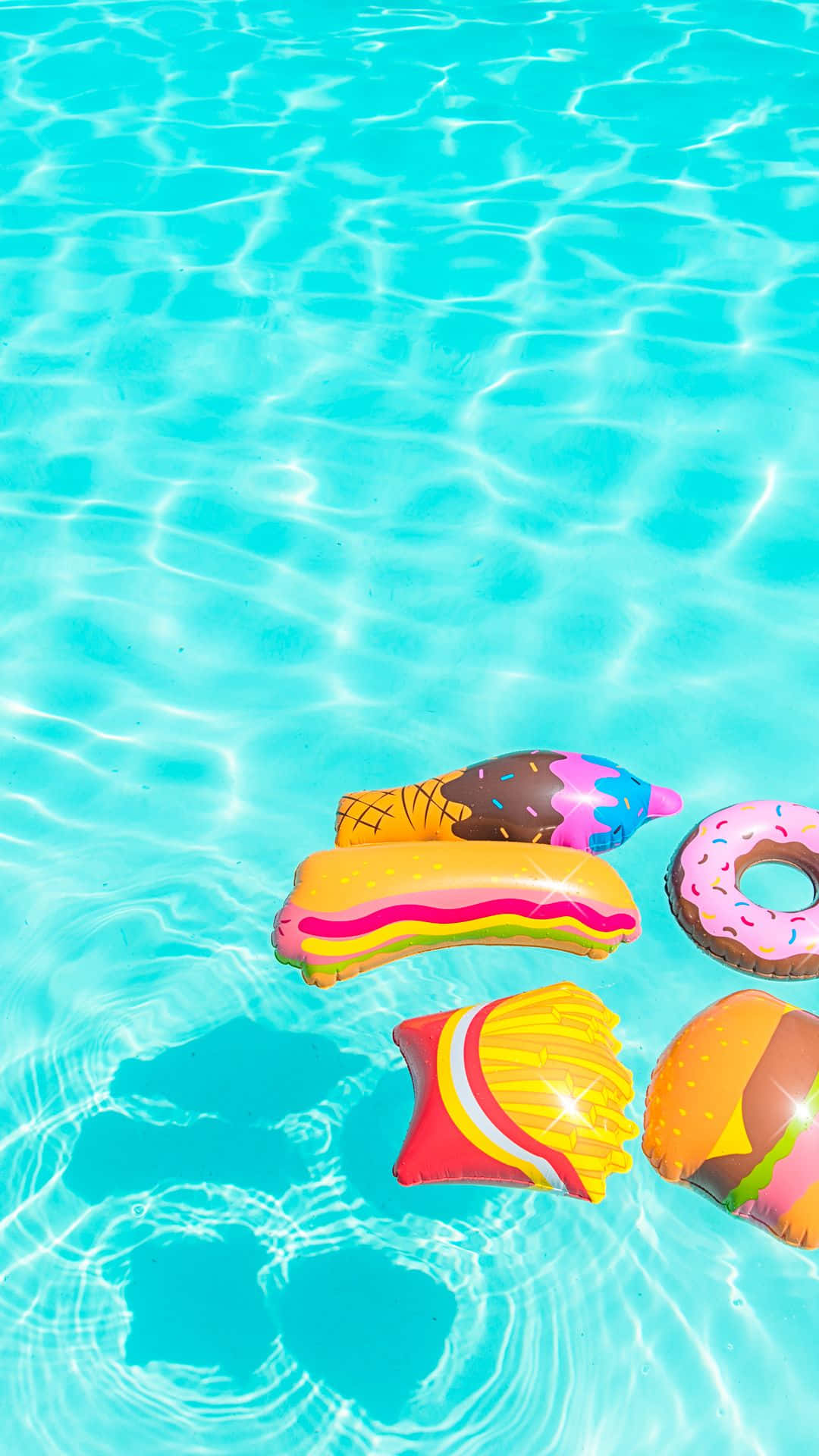 cute summer phone, food-shaped pool floats, crystal clear turquoise water, Full HD Phone Wallpaper