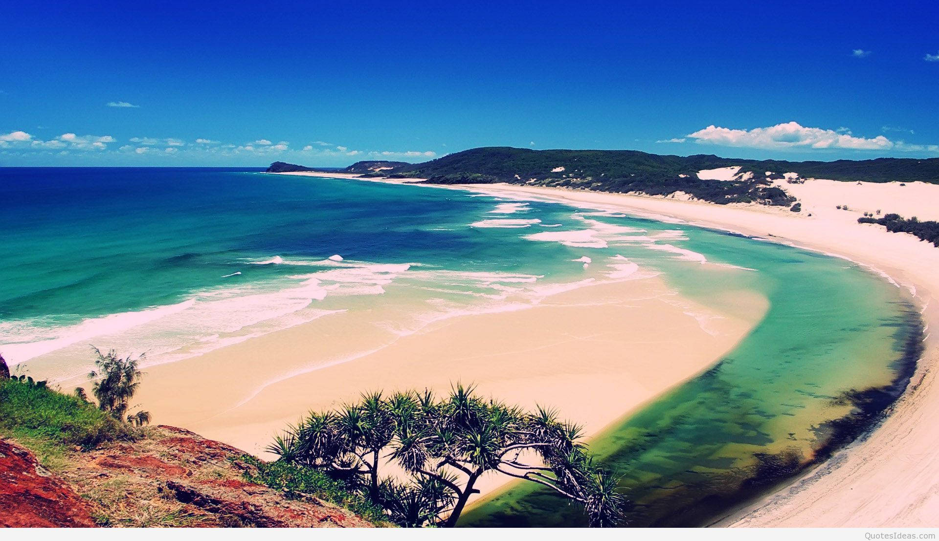 summer landscape, curved beach, turquoise waters, Full HD Desktop Wallpaper