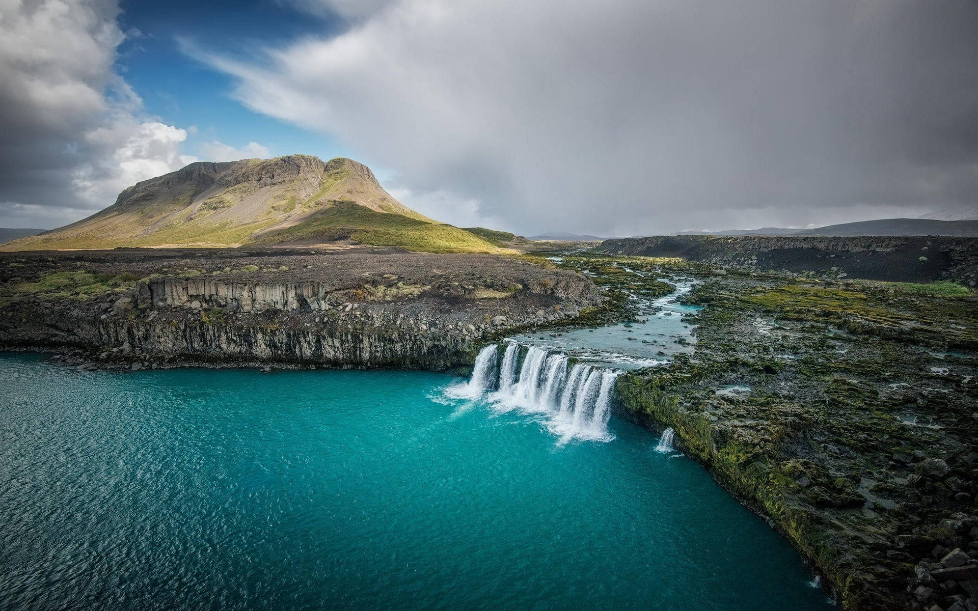 idyllic country summer view, dramatic waterfall, vibrant turquoise pool, Full HD Desktop Wallpaper