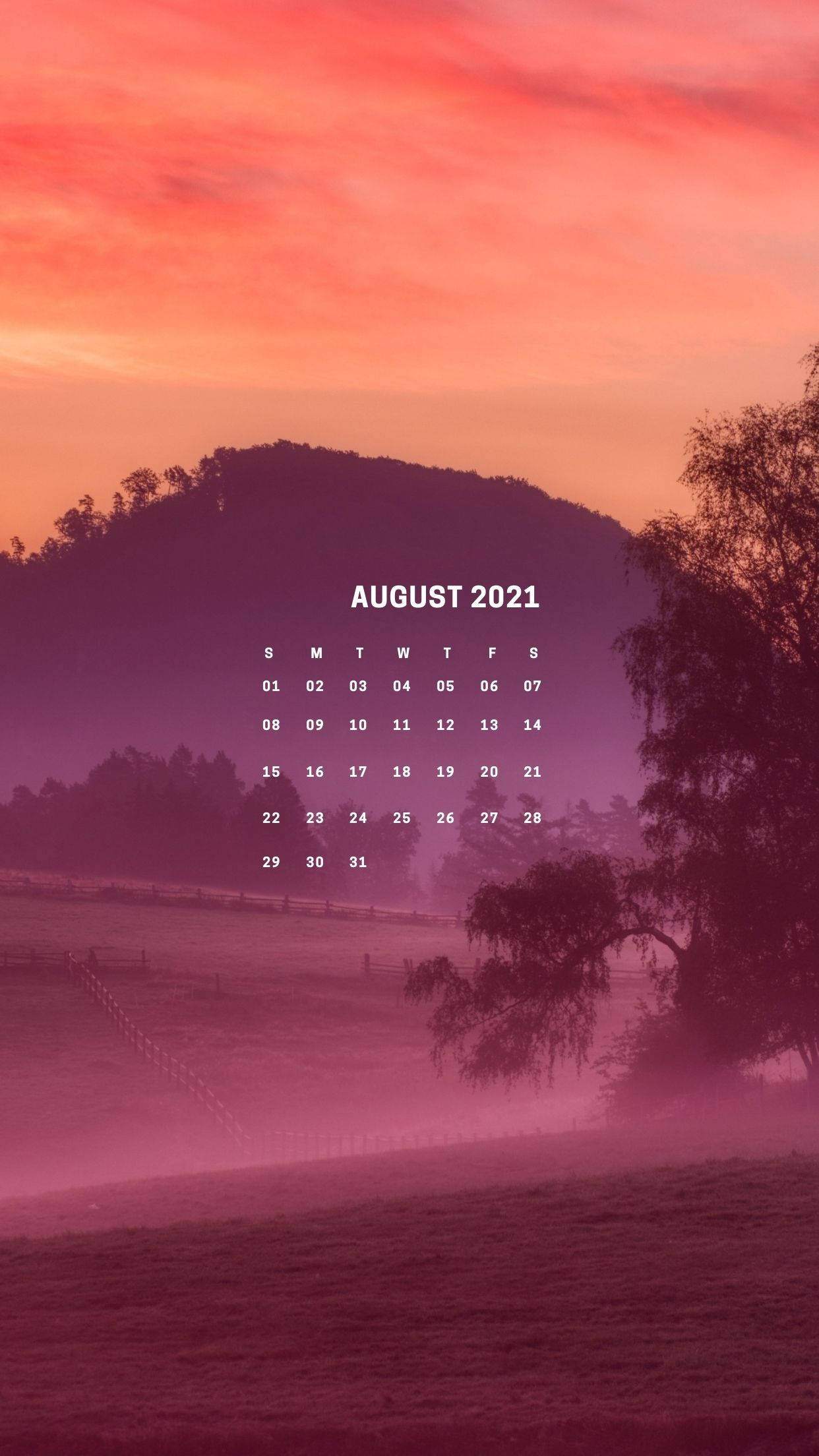 August 2021 calendar, purple and orange sunrise, rolling hills, Full HD Phone Wallpaper