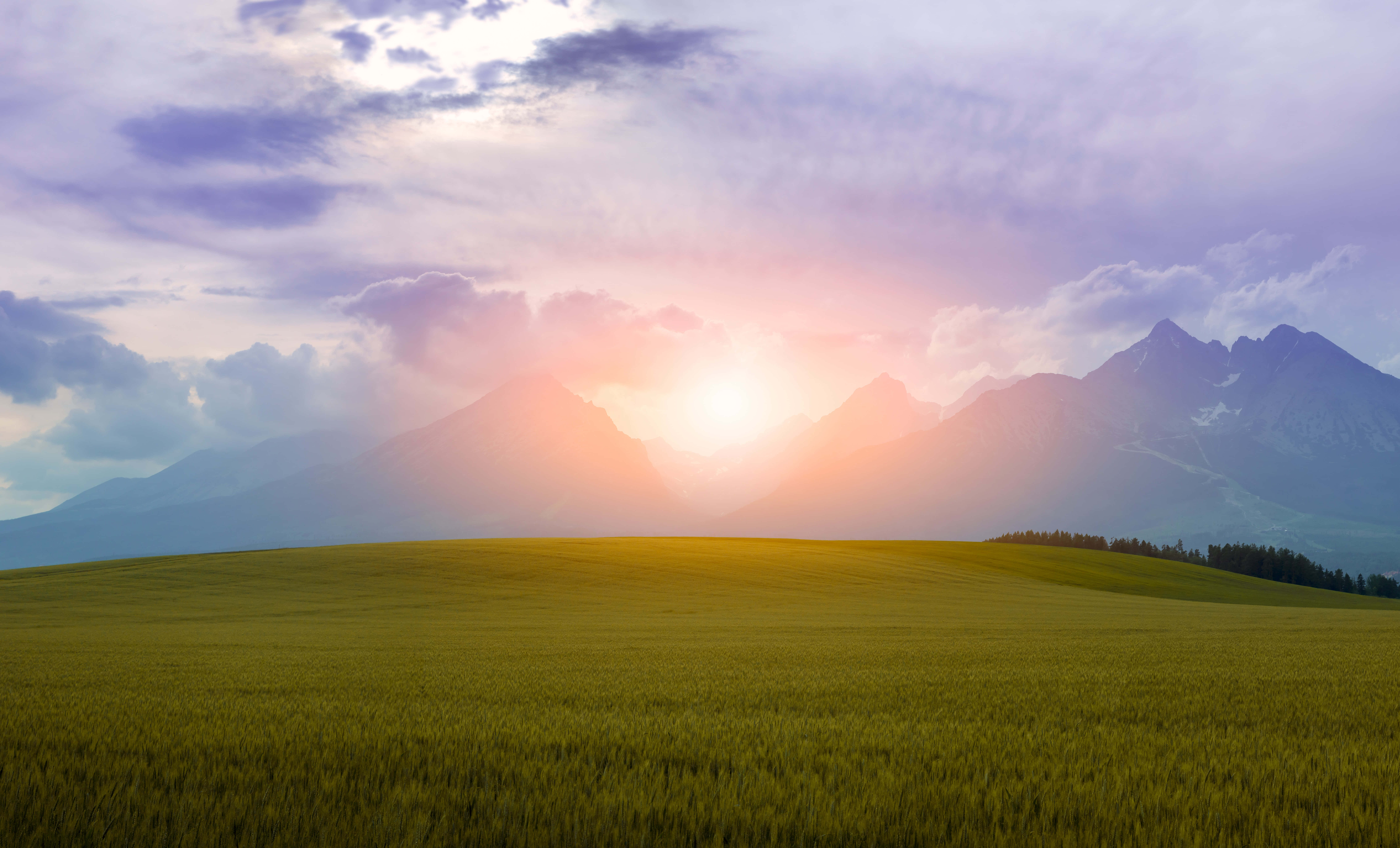 summer landscape, Sunset, mountain peaks, 8K Desktop Wallpaper