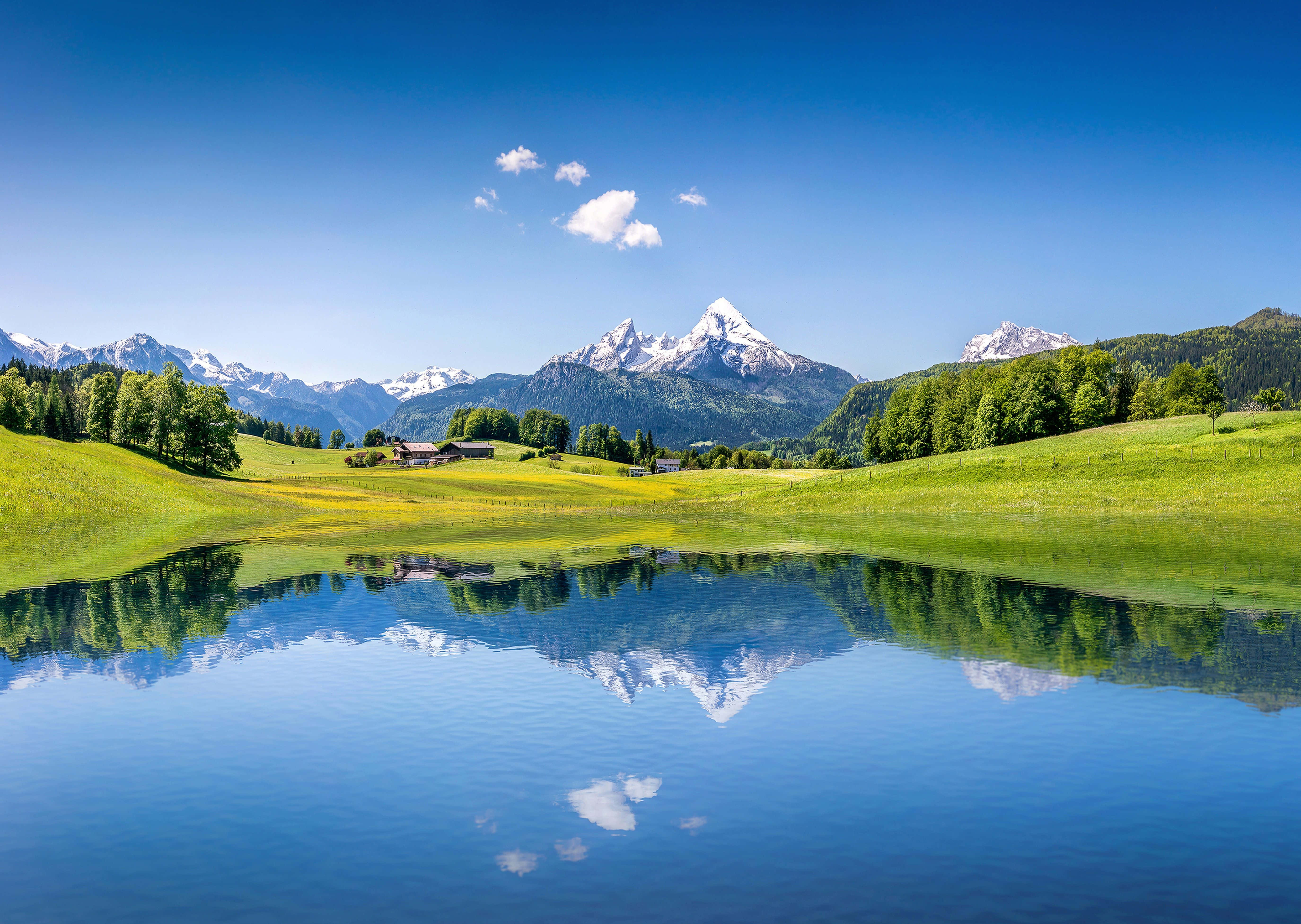 alpine lake, snow-capped peaks, fluffy clouds, 5K Desktop Wallpaper