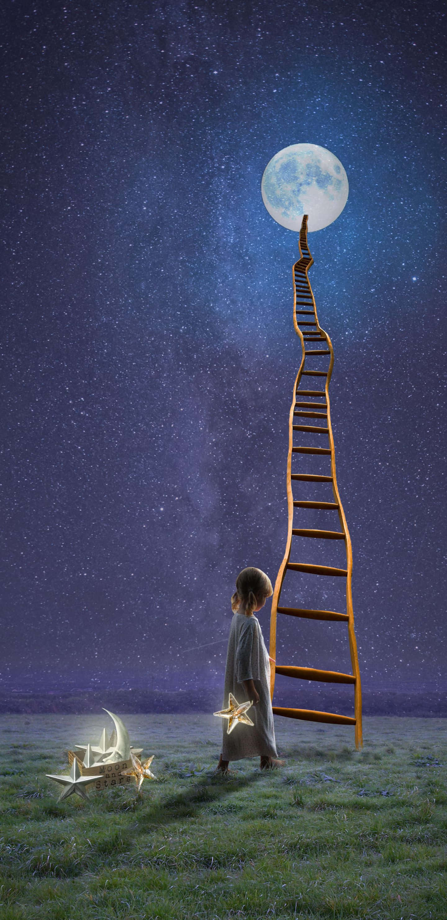 glowing star, vast starry sky, wooden ladder, 2K Phone Wallpaper