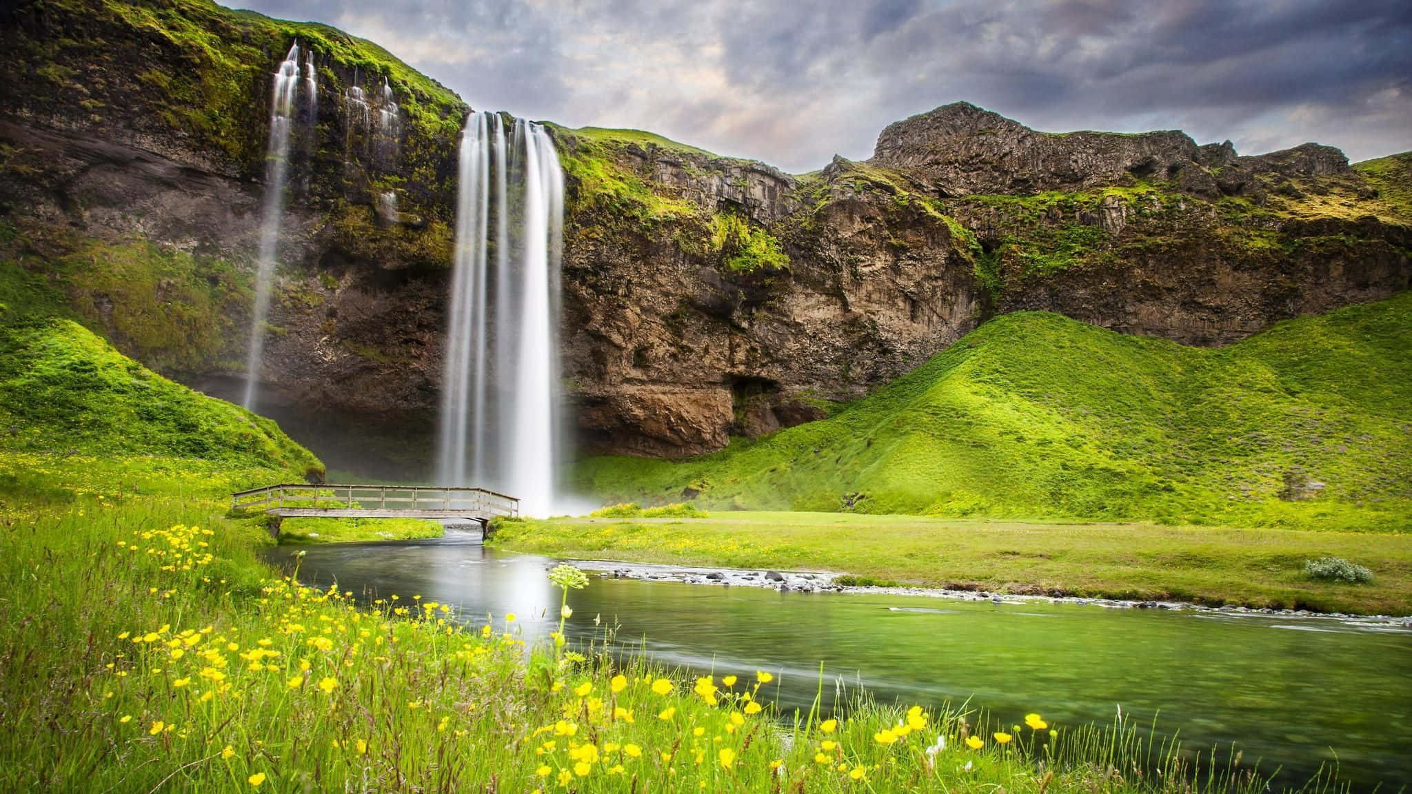 summer landscape, waterfall, mossy cliffs, Full HD Desktop Wallpaper