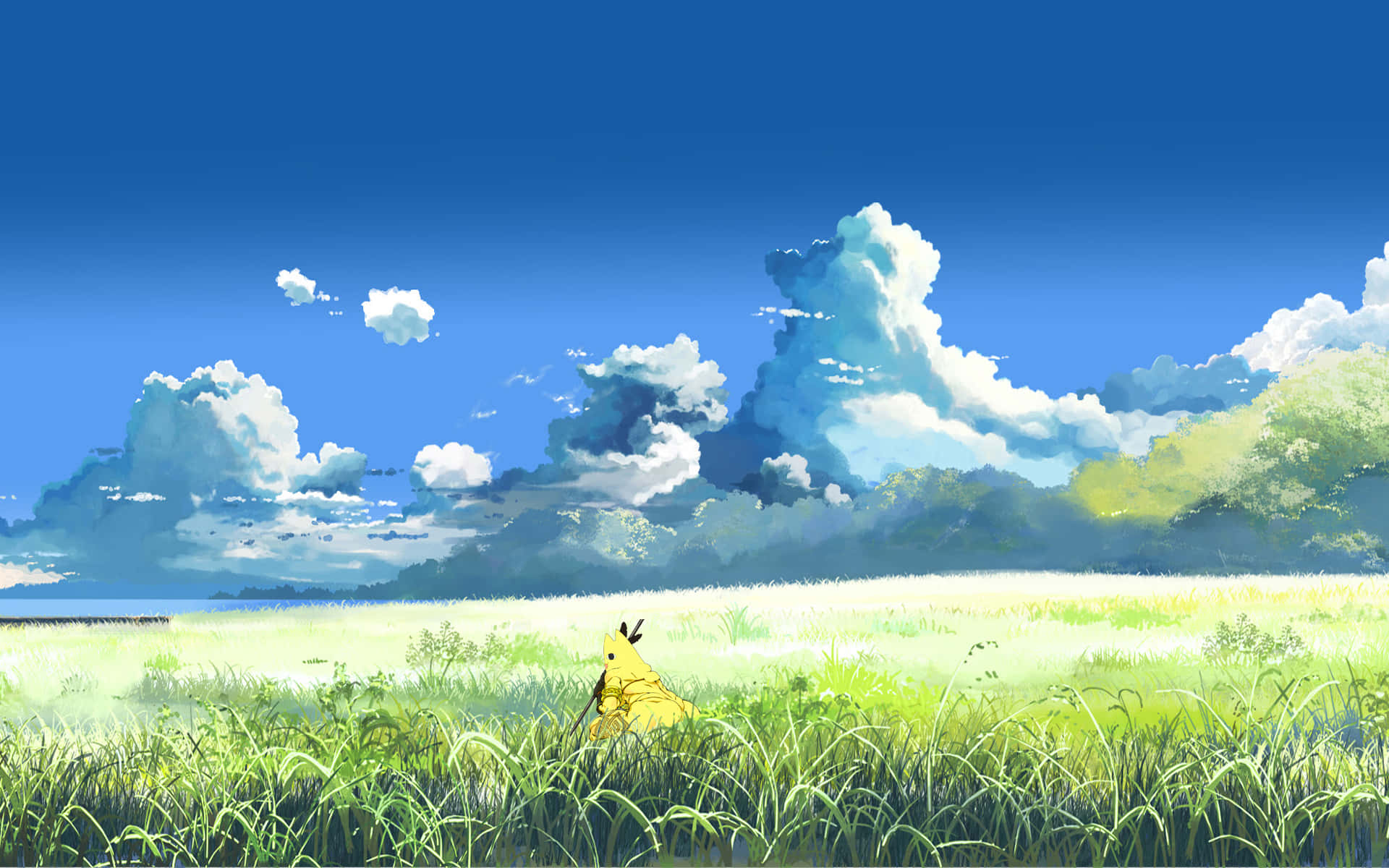 yellow Pikachu, tall green grass, vast blue sky, Full HD Desktop Wallpaper