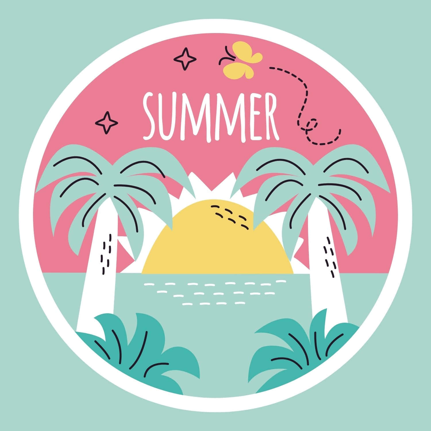 palm trees, yellow sun, turquoise water, HD Desktop Wallpaper