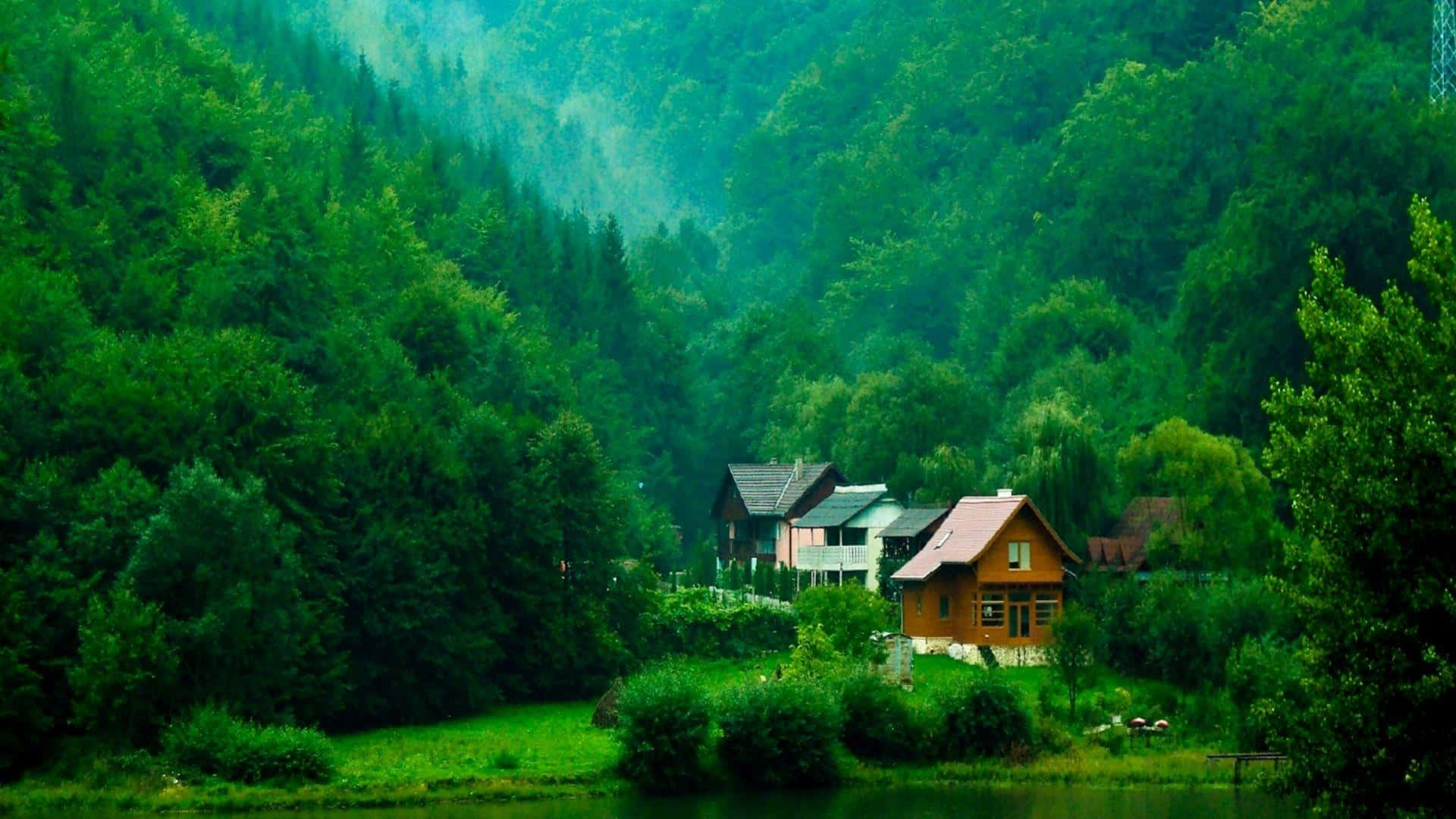 wooden cabin, lush green trees, calm river, Full HD Desktop Wallpaper