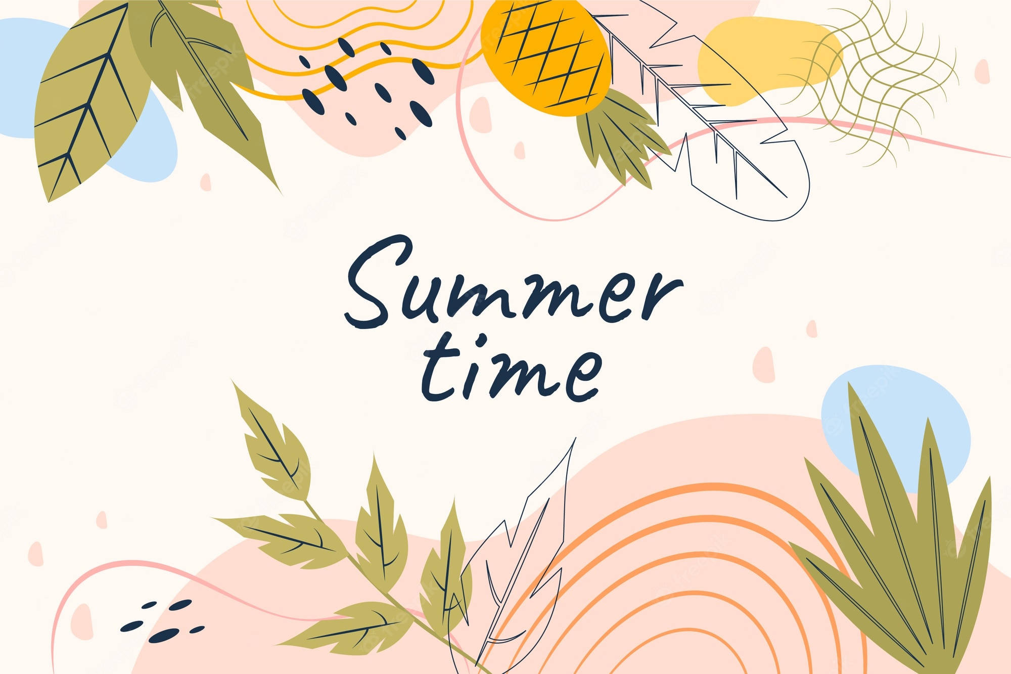 Summer Time Cute Art Laptop, tropical leaves, pineapples, Full HD Desktop Wallpaper