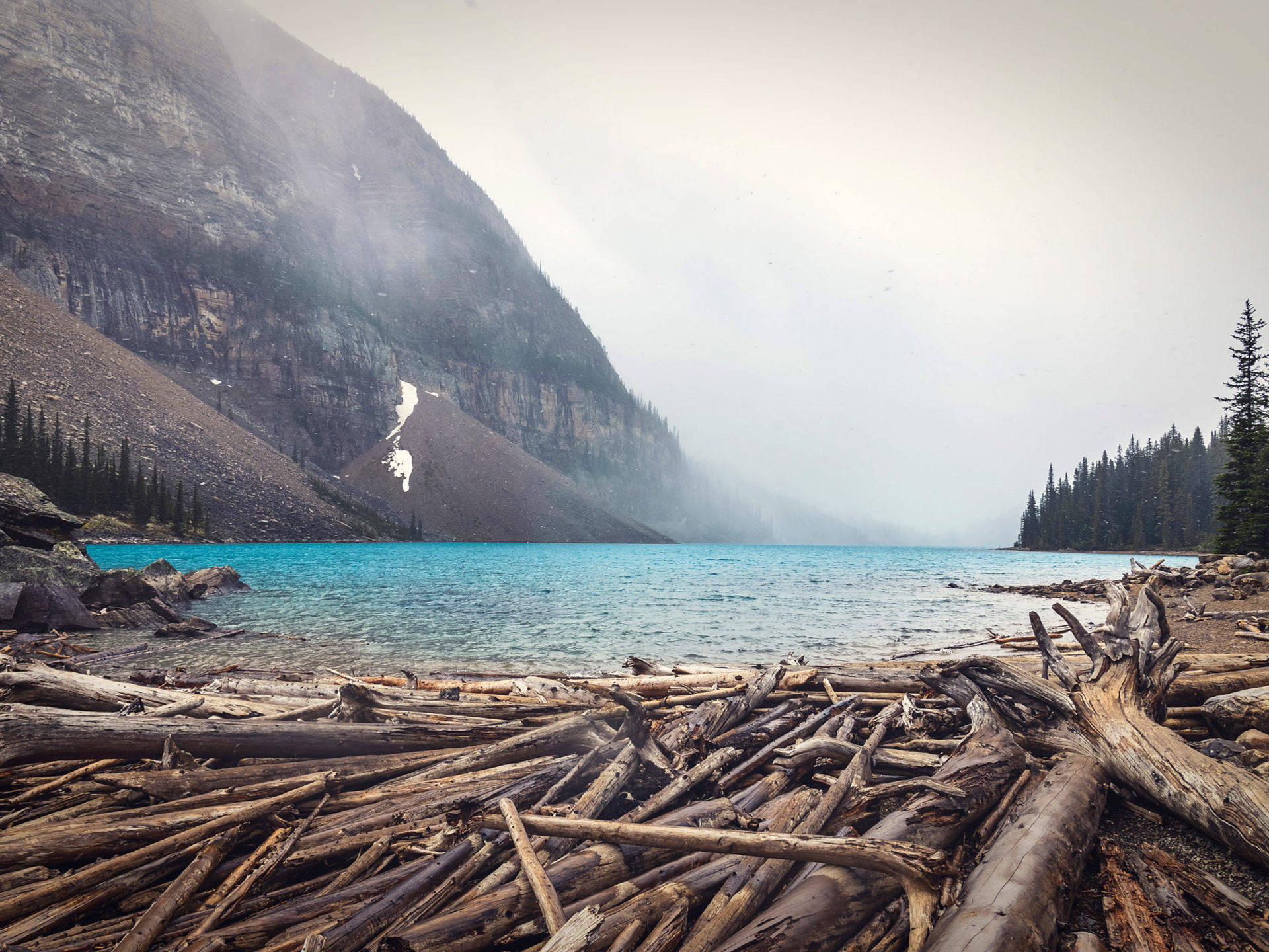 Summer Gray Sky Laptop, misty mountain lake, turquoise water, Full HD Desktop Wallpaper