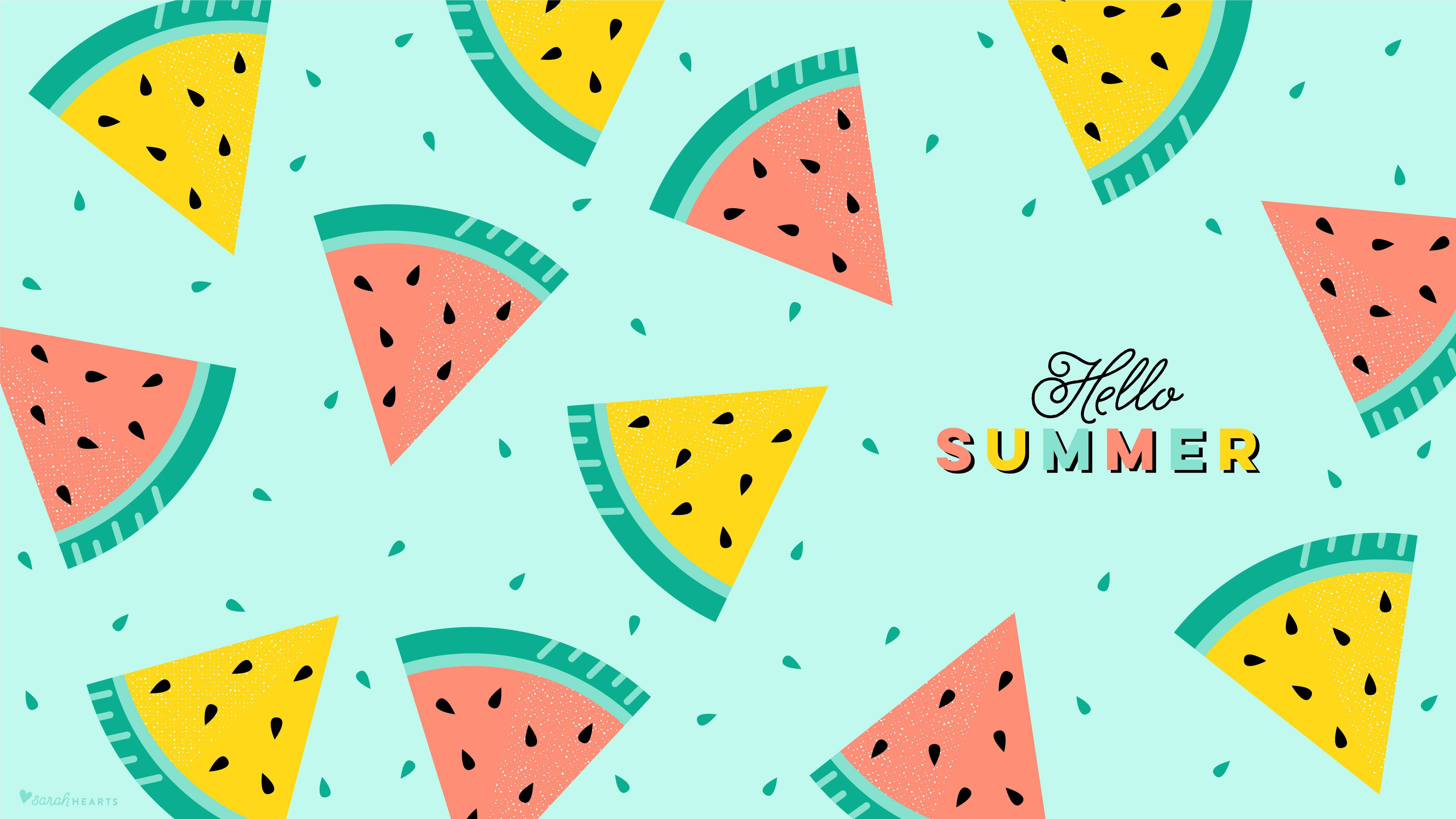 Summer Cute Watermelons Laptop, mint background, vibrant watermelon slices, 5K Desktop Wallpaper