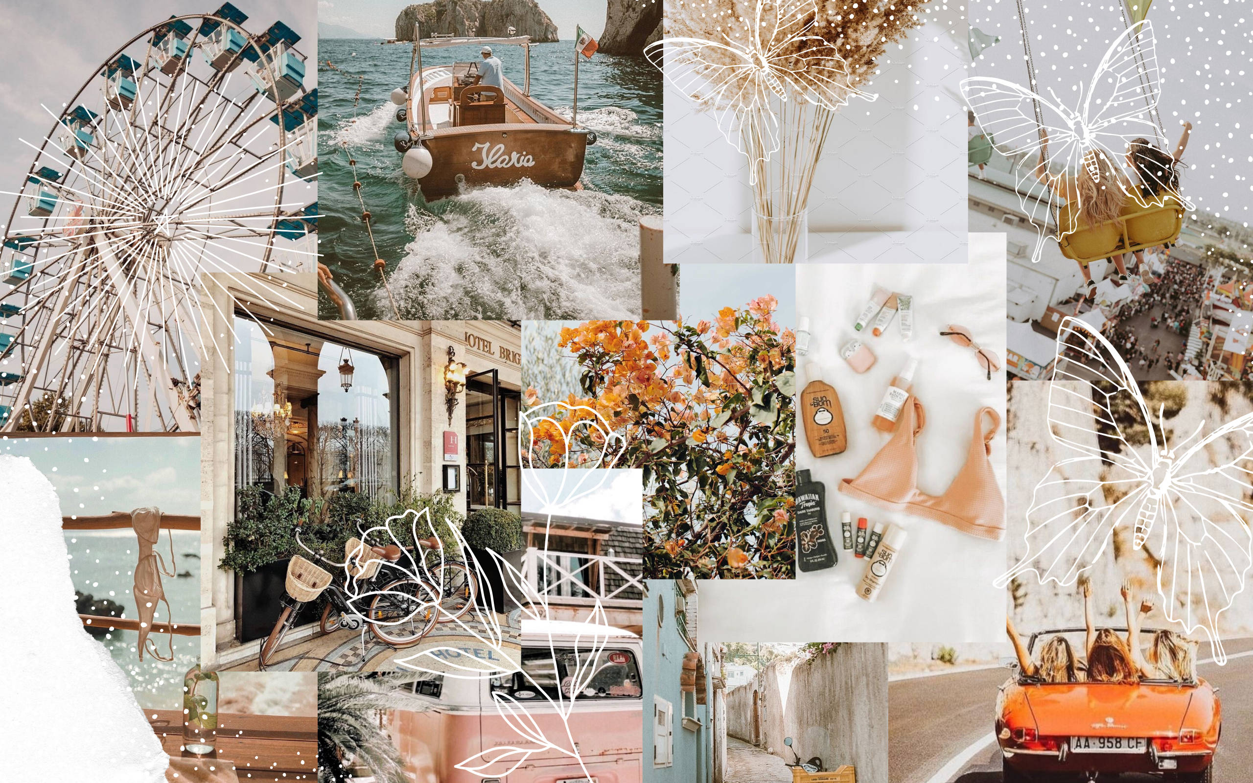 ferris wheel boat, coastal flowers, vintage cars, 2K Desktop Wallpaper