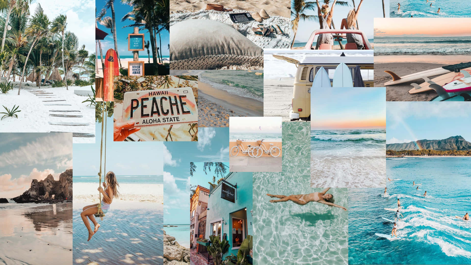 tropical beach scenes, surfboards, palm trees, Full HD Desktop Wallpaper