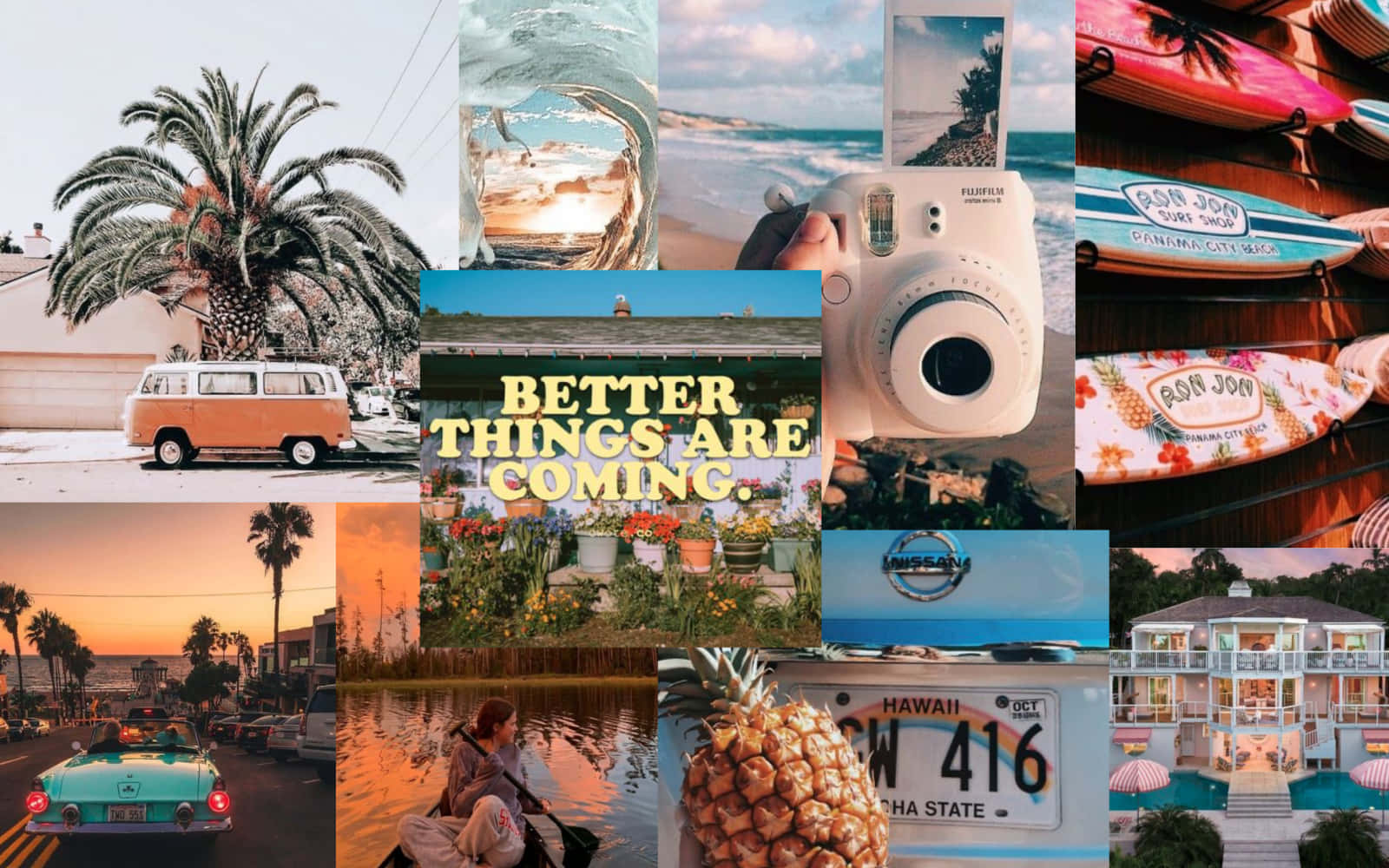 collage aesthetic, tropical beach scenes, vintage cars, HD Desktop Wallpaper
